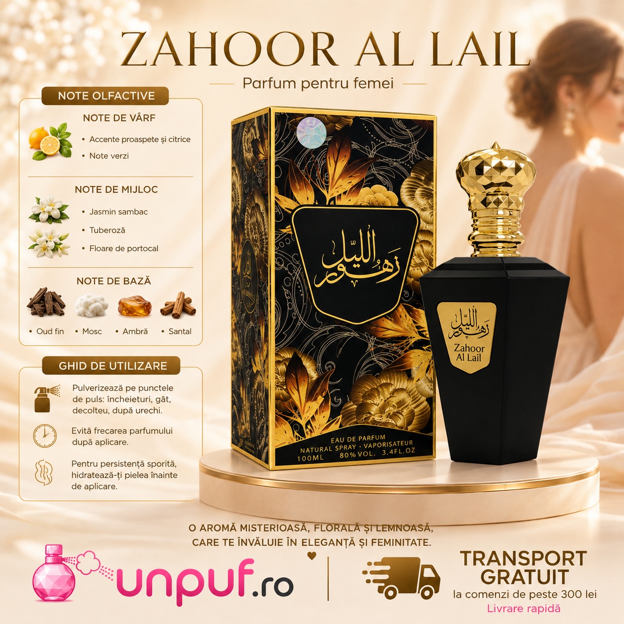 My Perfumes Zahoor Al Lail note olfactive cu citrice, note verzi, iasomie sambac, tuberoză, floare de portocal, oud, mosc, ambră și santal
