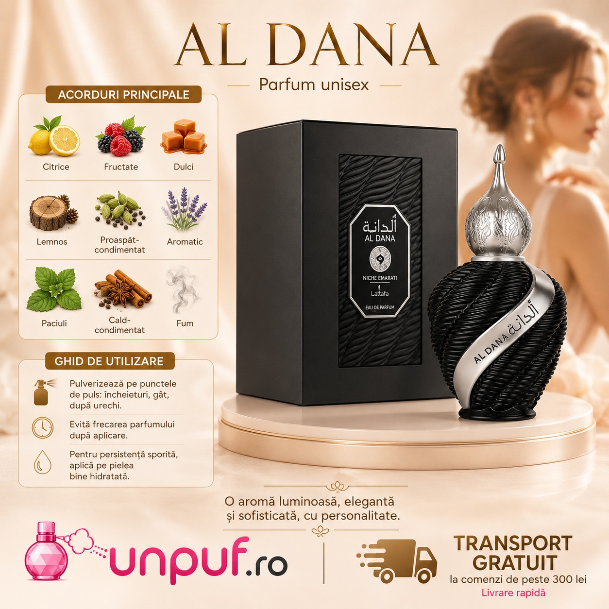 Profil olfactiv Al Dana cu acorduri citrice, fructate, dulci, lemnoase, aromatice, patchouli și fum