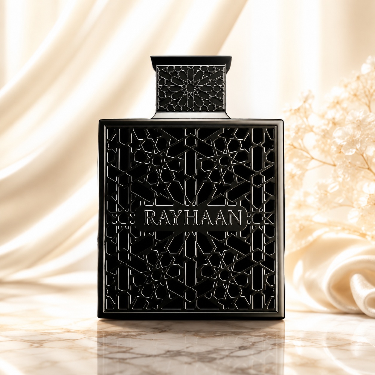 Sticlă parfum Obsidian Rayhaan 100 ml negru lucios cu model ornamental oriental și design arhitectural