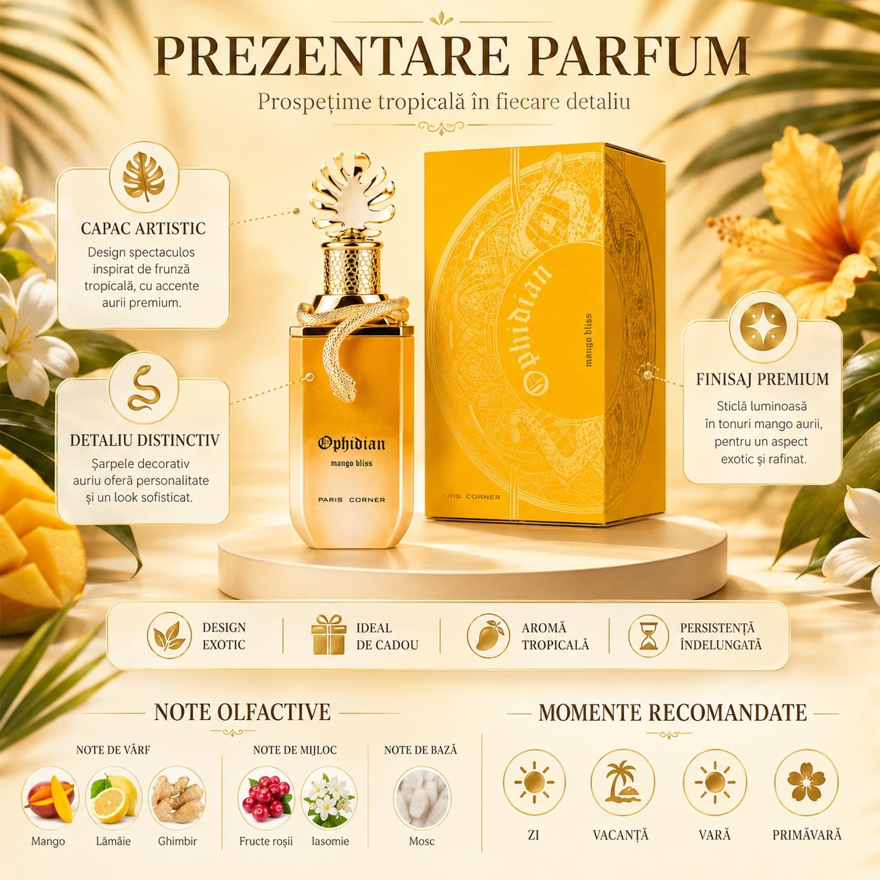 Ophidian Mango Bliss Paris Corner design premium capac artistic detalii aurii și prezentare parfum