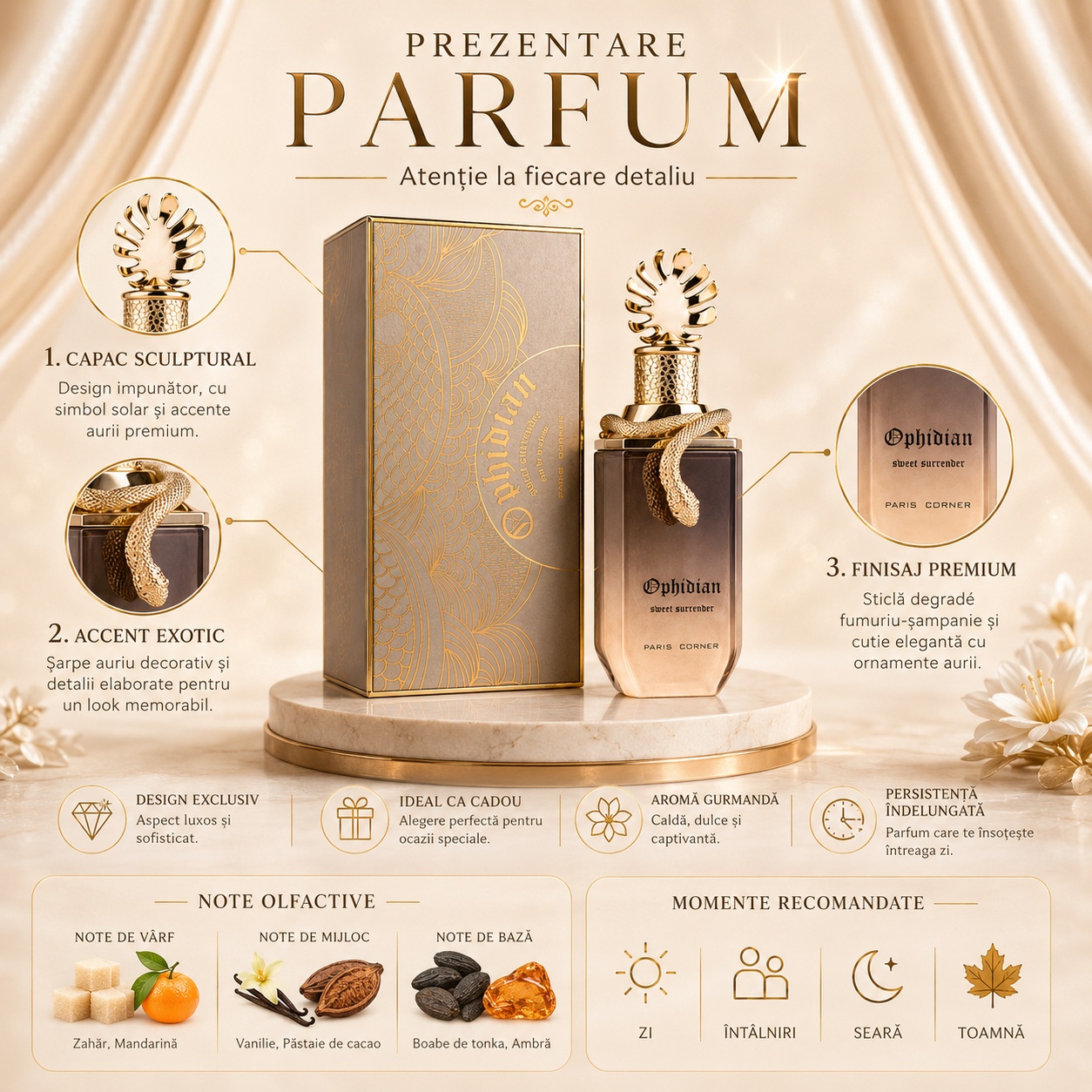 Ophidian Sweet Surrender Paris Corner prezentare parfum detalii flacon capac sculptural și note olfactive