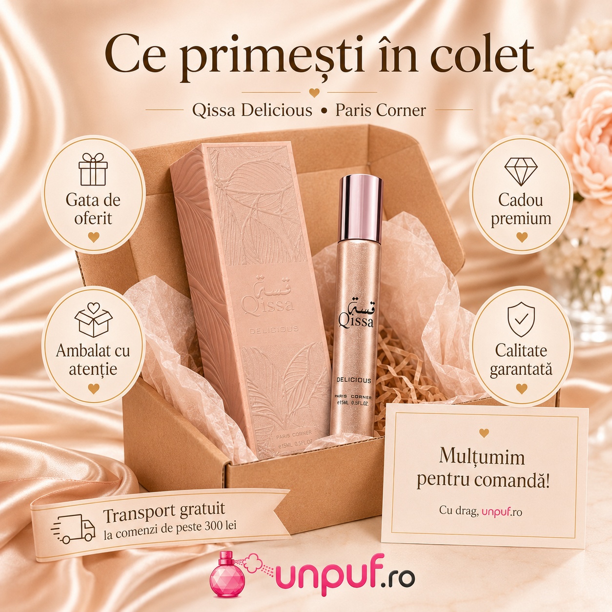 Ce primești &icirc;n colet Parfum Qissa Delicious Paris Corner 15 ml ambalat cu atenție pentru cadou