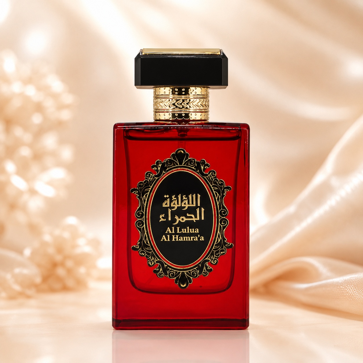 Sticlă parfum Al Lulua Al Hambra Risala Series, parfum arăbesc unisex roșu rubiniu cu detalii aurii