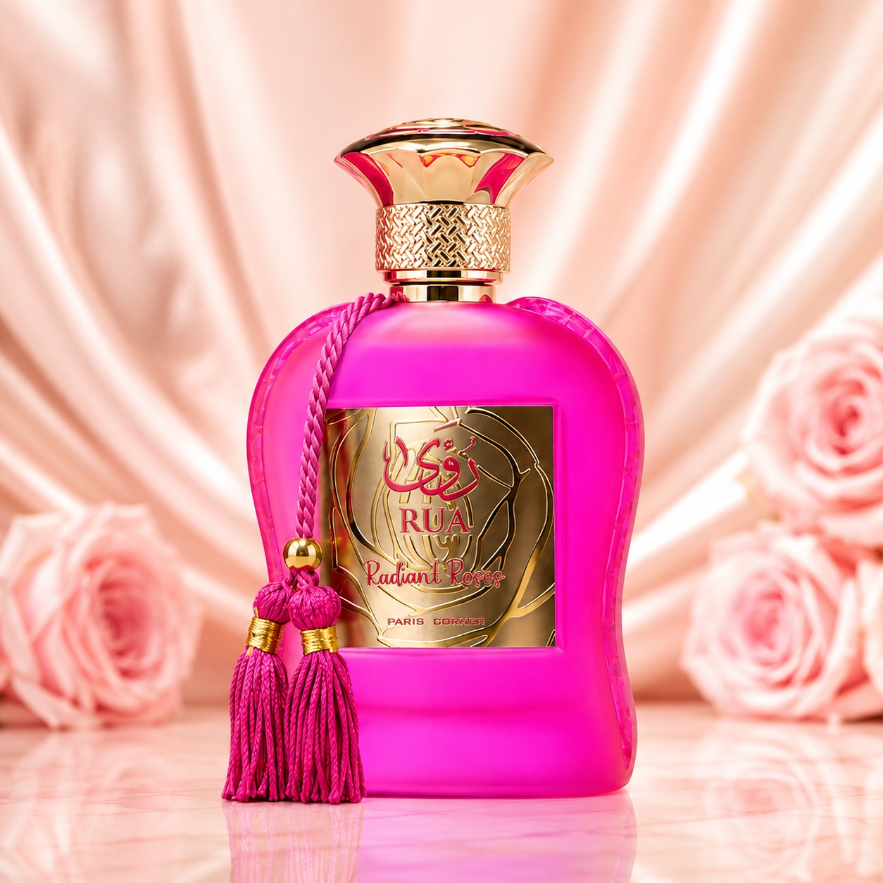Sticlă parfum Rua Radiant Roses Paris Corner 100 ml roz fuchsia cu capac auriu și ciucure decorativ