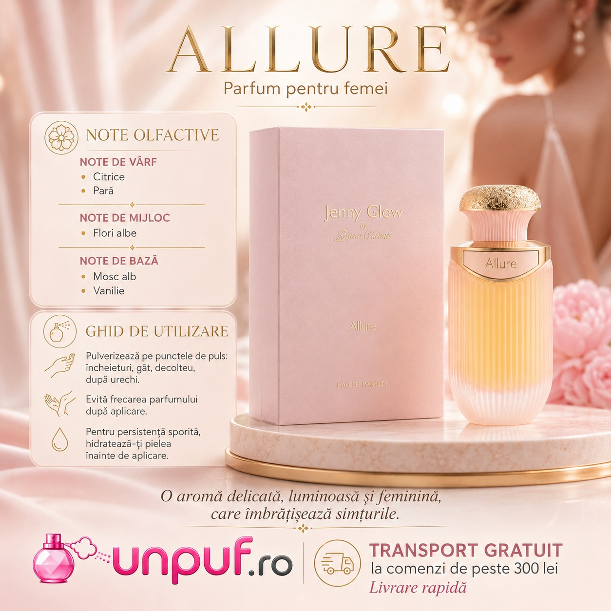 Note olfactive Sterling Allure By Jenny Glow cu citrice pară flori albe mosc alb și vanilie