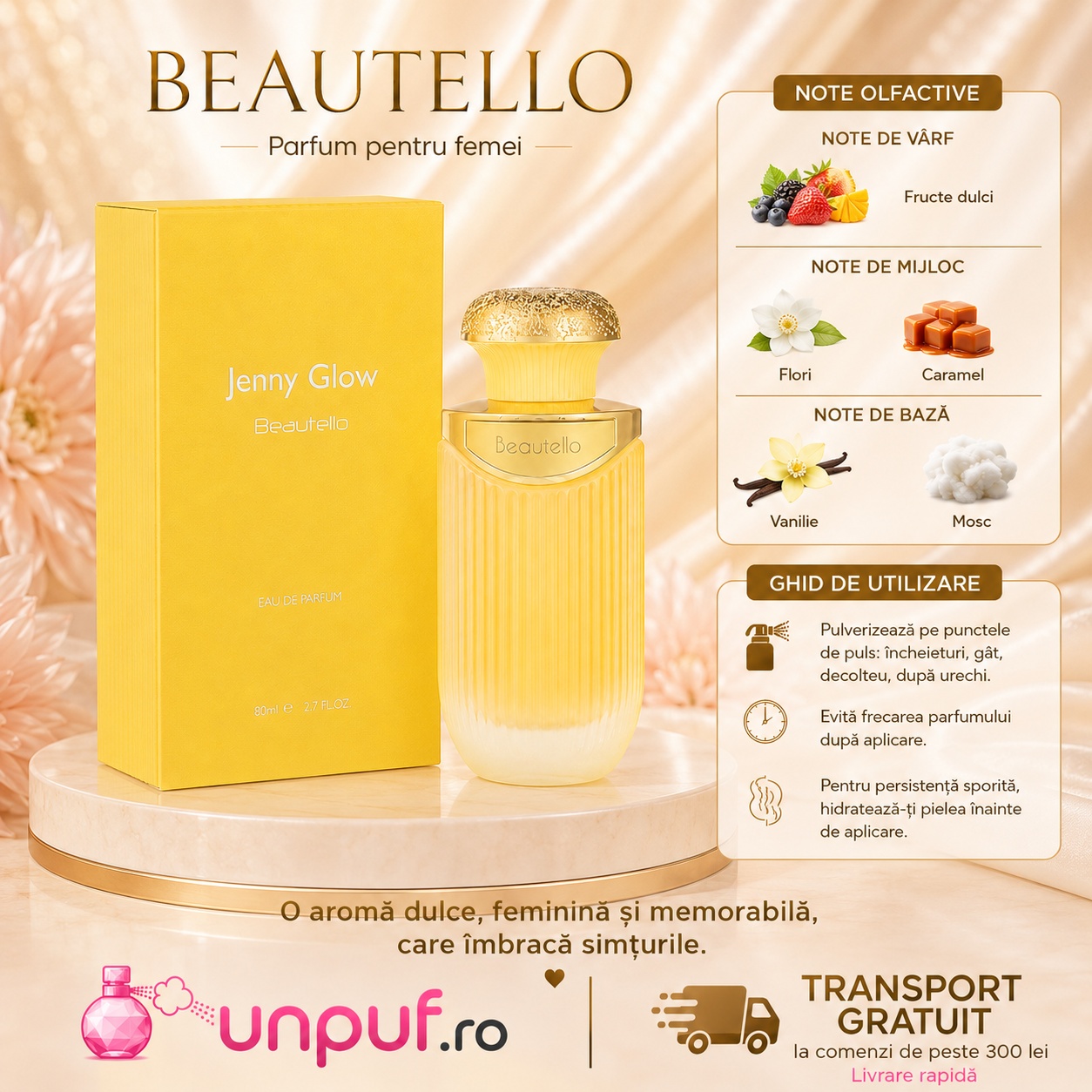 Note olfactive Sterling Beautello By Jenny Glow cu fructe dulci flori caramel vanilie și mosc
