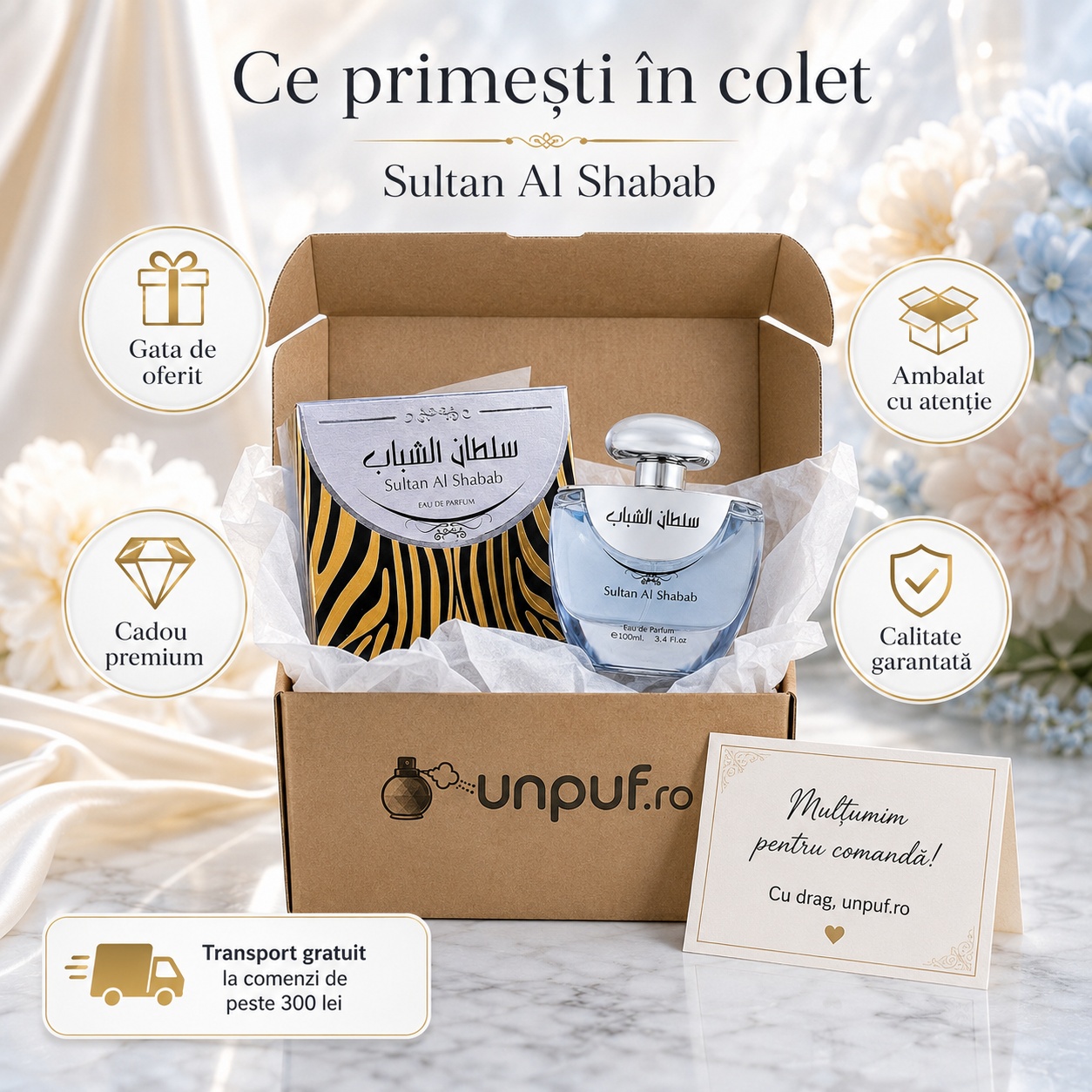Ce primești &icirc;n colet Parfum Sultan Al Shabab Ard Al Zaafaran 100 ml ambalat cu atenție gata de oferit cadou