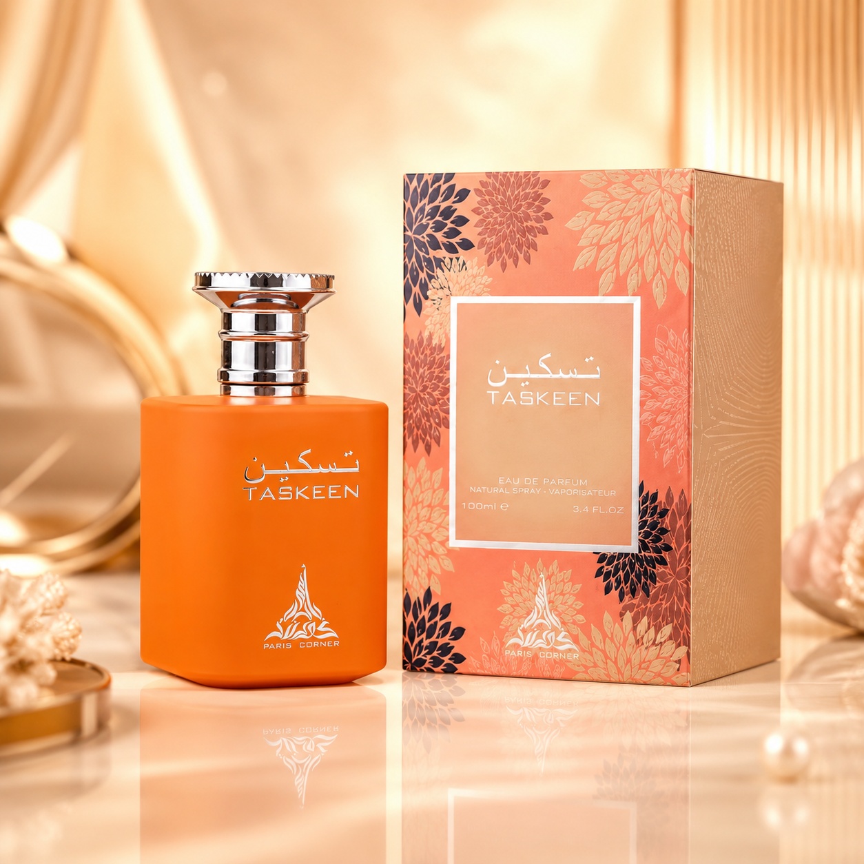 Parfum Arăbesc Taskeen Paris Corner 100 ml Apă de Parfum Unisex cu sticlă portocalie și cutie premium