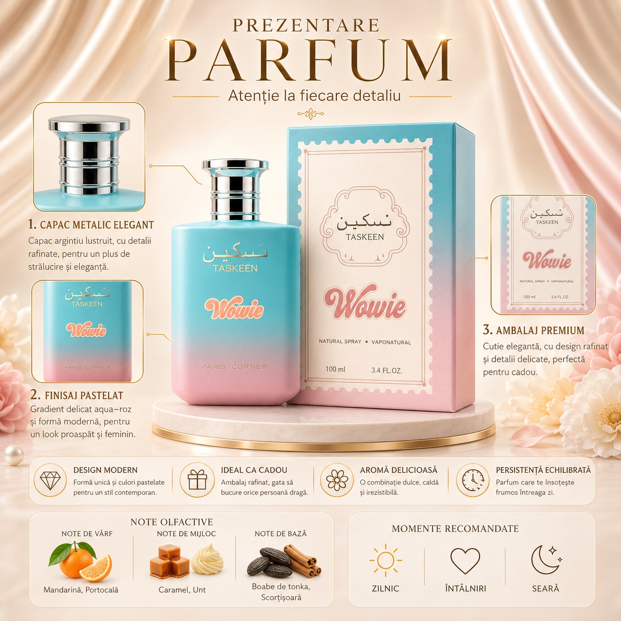 Prezentare parfum Taskeen Wowie Paris Corner cu flacon aqua roz cutie premium note olfactive și beneficii