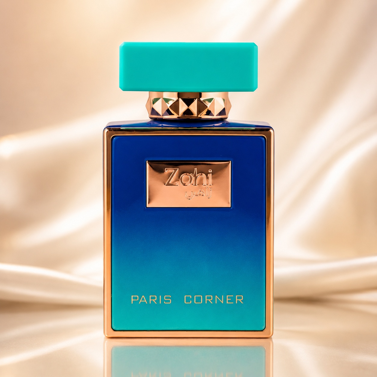 Sticlă parfum Zahi Paris Corner 85 ml albastru turcoaz cu capac turcoaz și detalii rose gold
