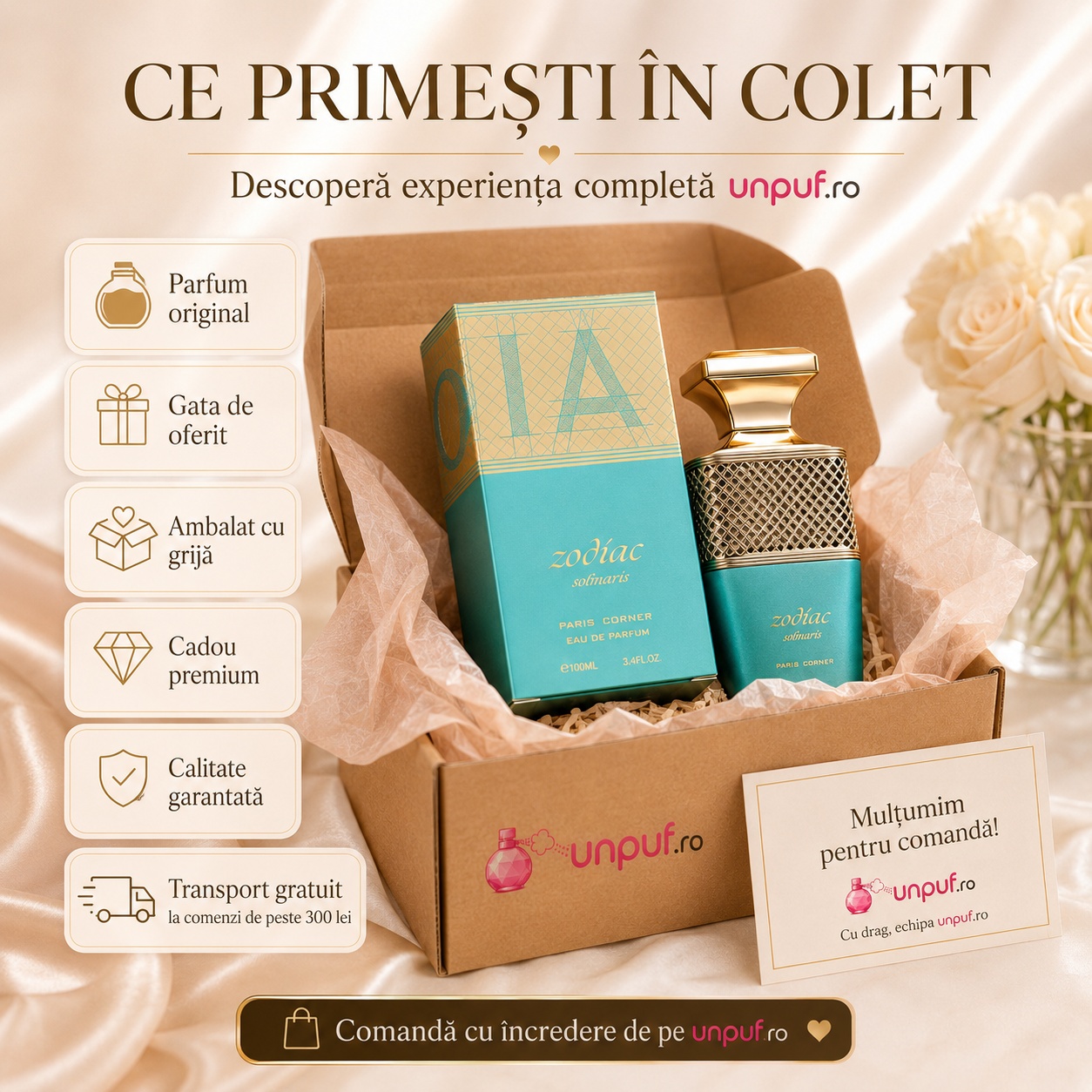 Ce primești &icirc;n colet Parfum Zodiac Solmaris Paris Corner 100 ml ambalat cu atenție gata de oferit cadou