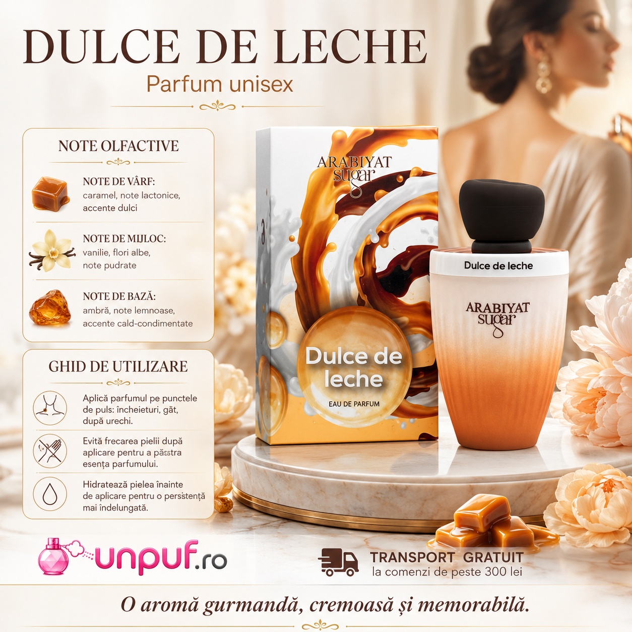 Parfum Arabiyat Sugar Dulce De Leche unisex cu note olfactive, ghid de utilizare și aromă gurmandă cremoasă