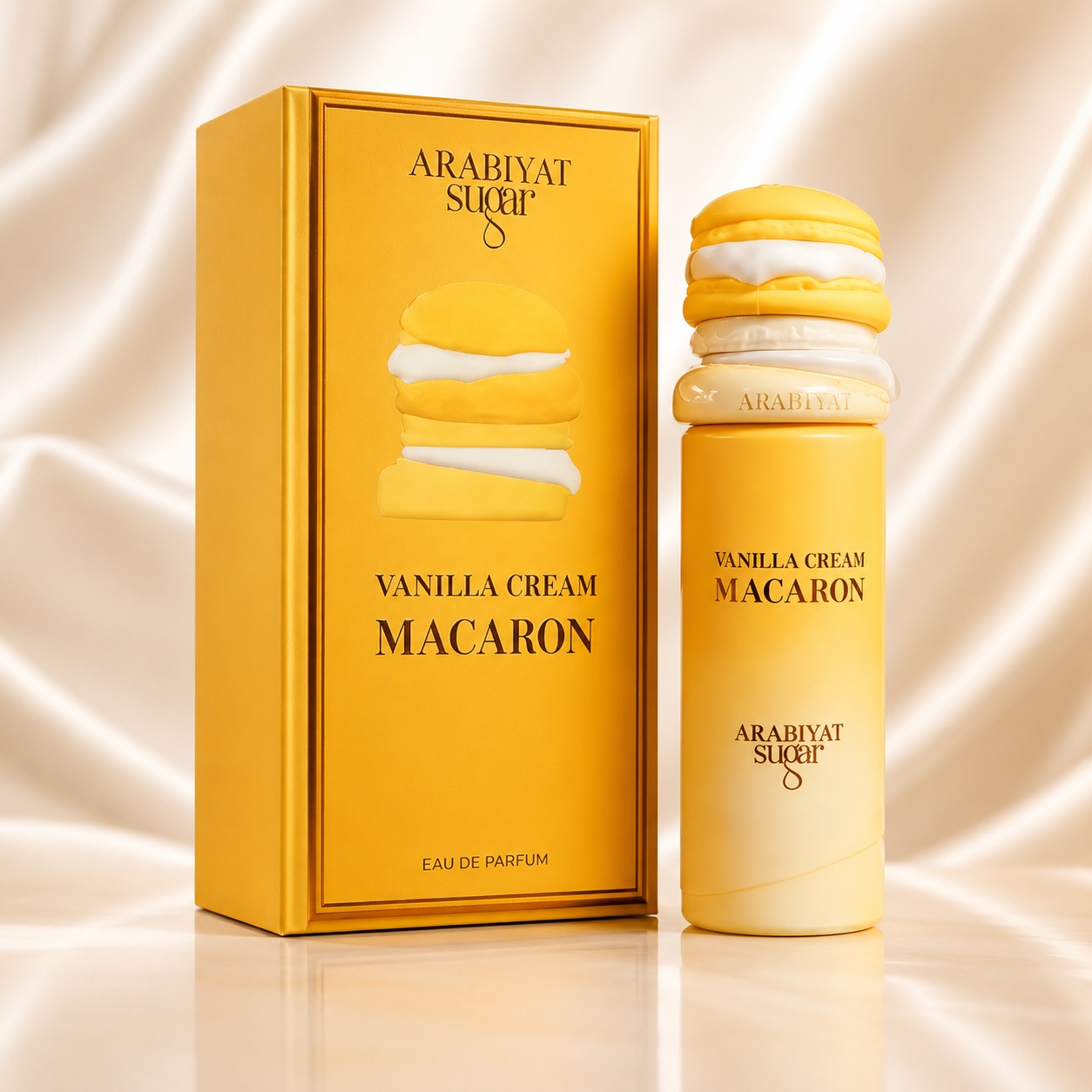 Parfum Arabiyat Sugar Vanilla Cream Macaron 100ml, sticlă galbenă gourmand și cutie premium cu design de macaron