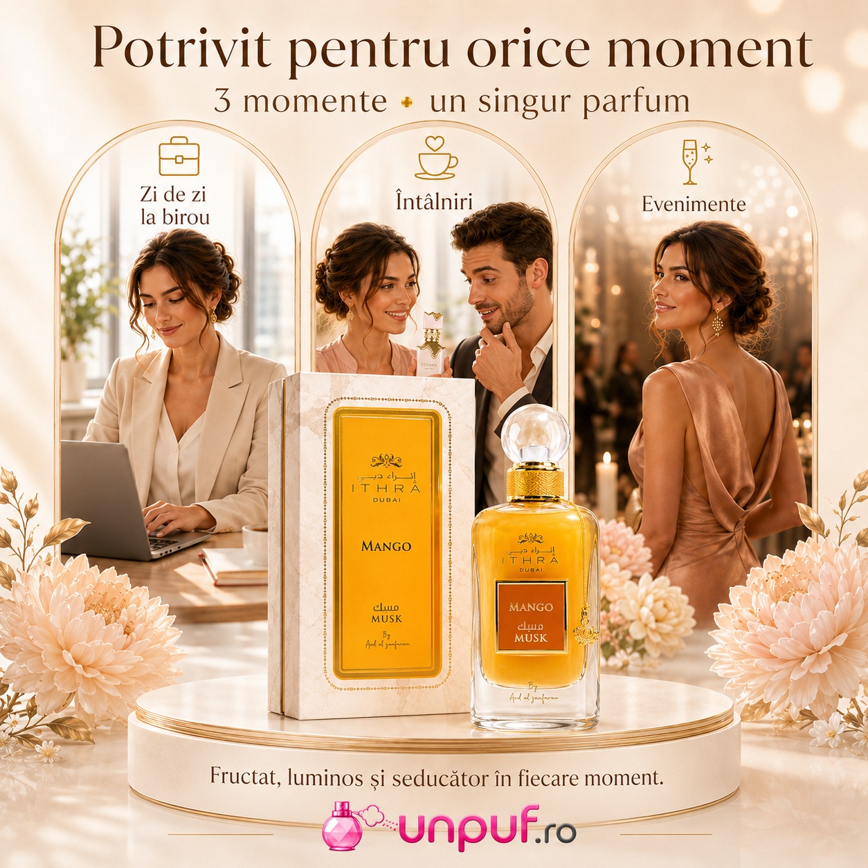 Ithra Mango Musk potrivit pentru zi de zi la birou, &icirc;nt&acirc;lniri și evenimente, parfum fructat luminos și seducător