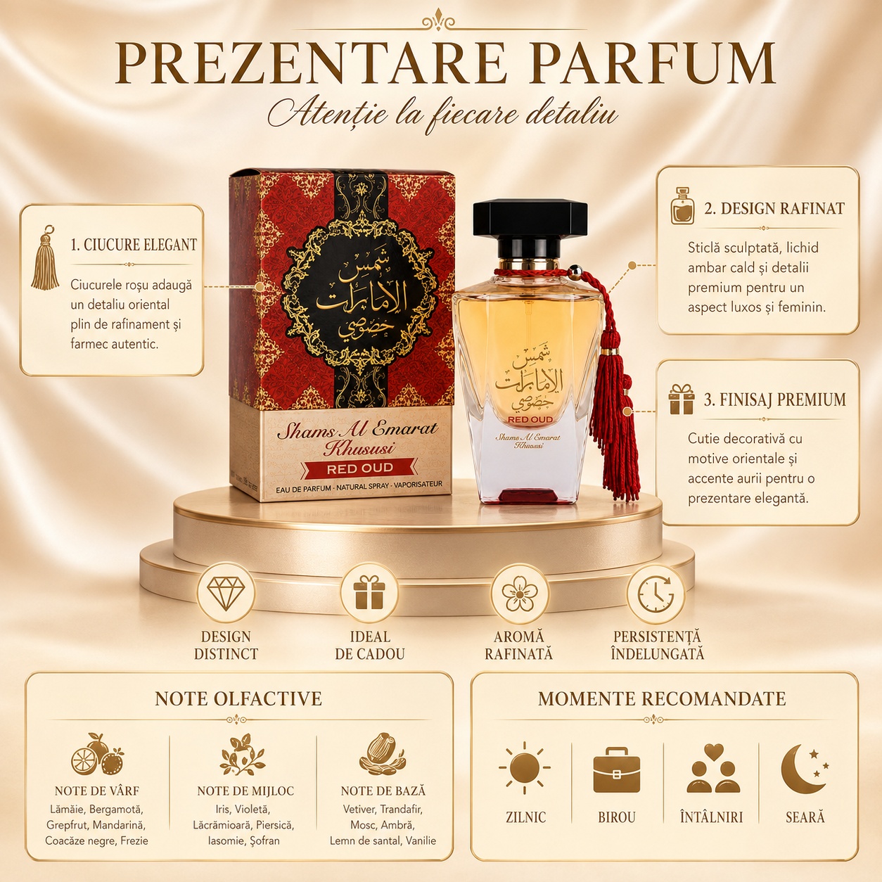 Prezentare parfum Ard Al Zaafaran Khususi Red Oud cu flacon, cutie premium, note olfactive și momente recomandate