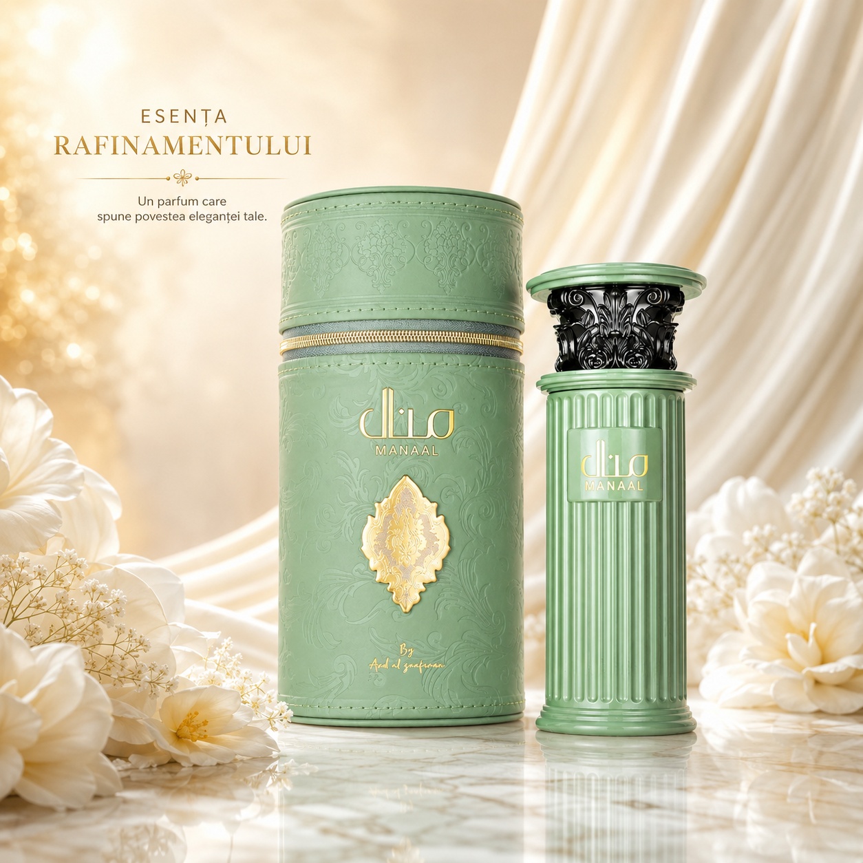 Manaal Ard Al Zaafaran esența rafinamentului, parfum arăbesc unisex cu flacon verde și cutie premium