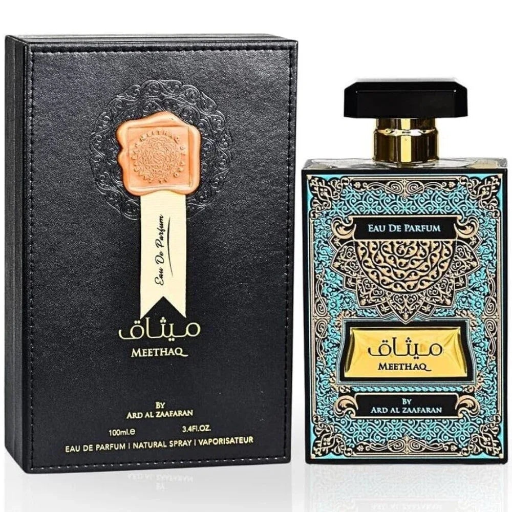 Flacon original Meethaq Ard Al Zaafaran 100 ml și cutie neagră premium cu detalii orientale