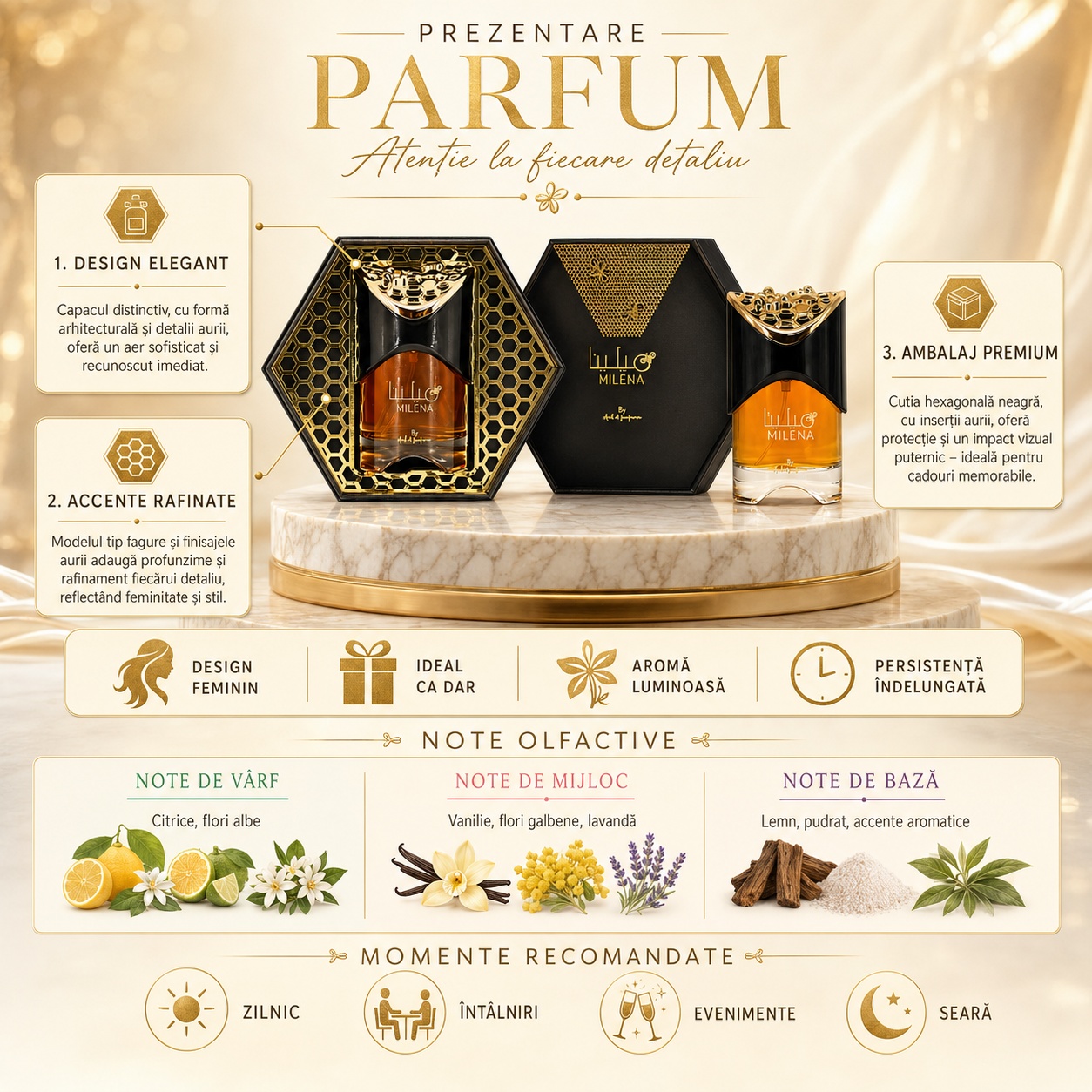 Prezentare parfum Milena Ard Al Zaafaran cu design elegant, accente rafinate, ambalaj premium și note olfactive citrice florale vanilate lemnoase