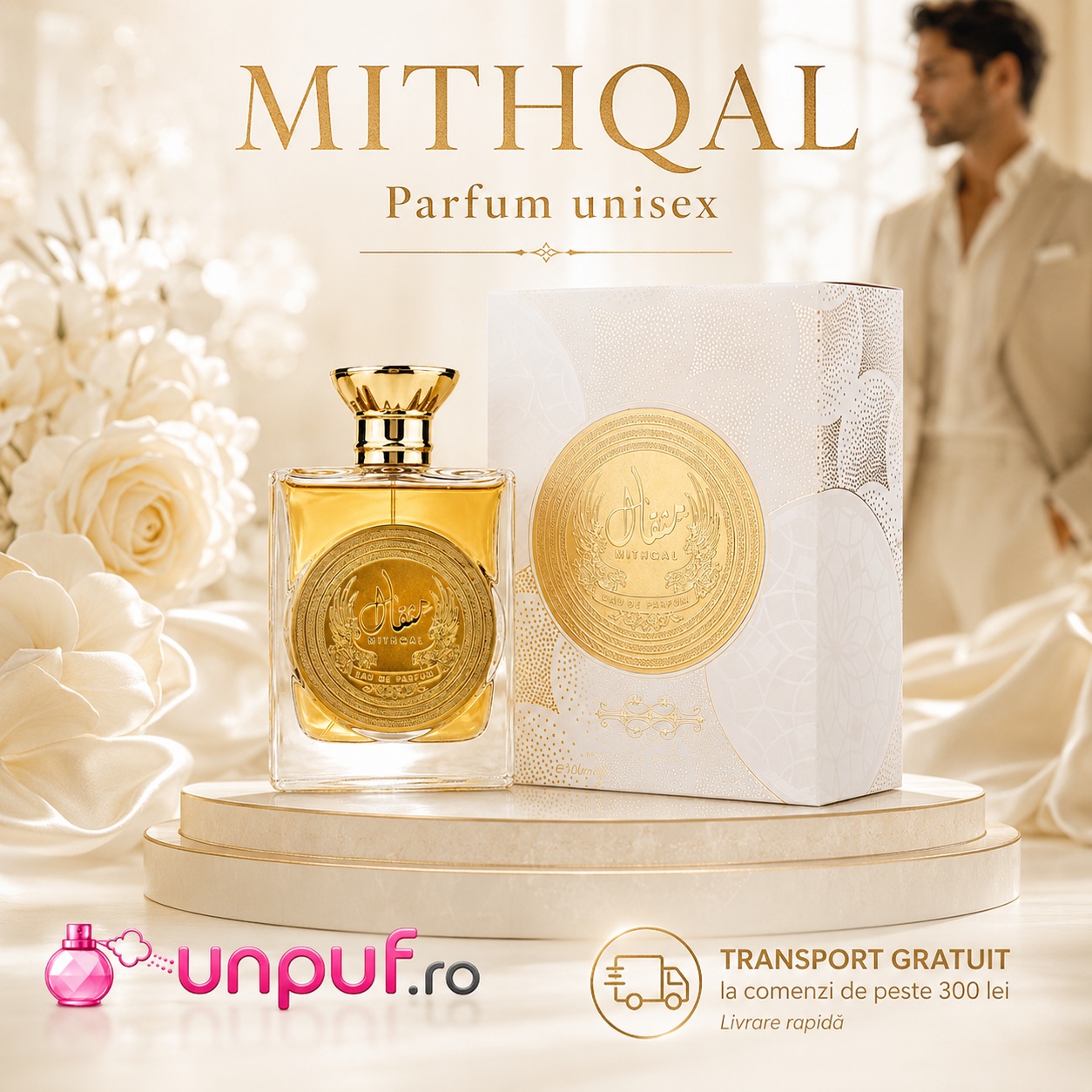 Mithqal Ard Al Zaafaran parfum unisex 100 ml cu flacon elegant, cutie albă și detalii aurii premium