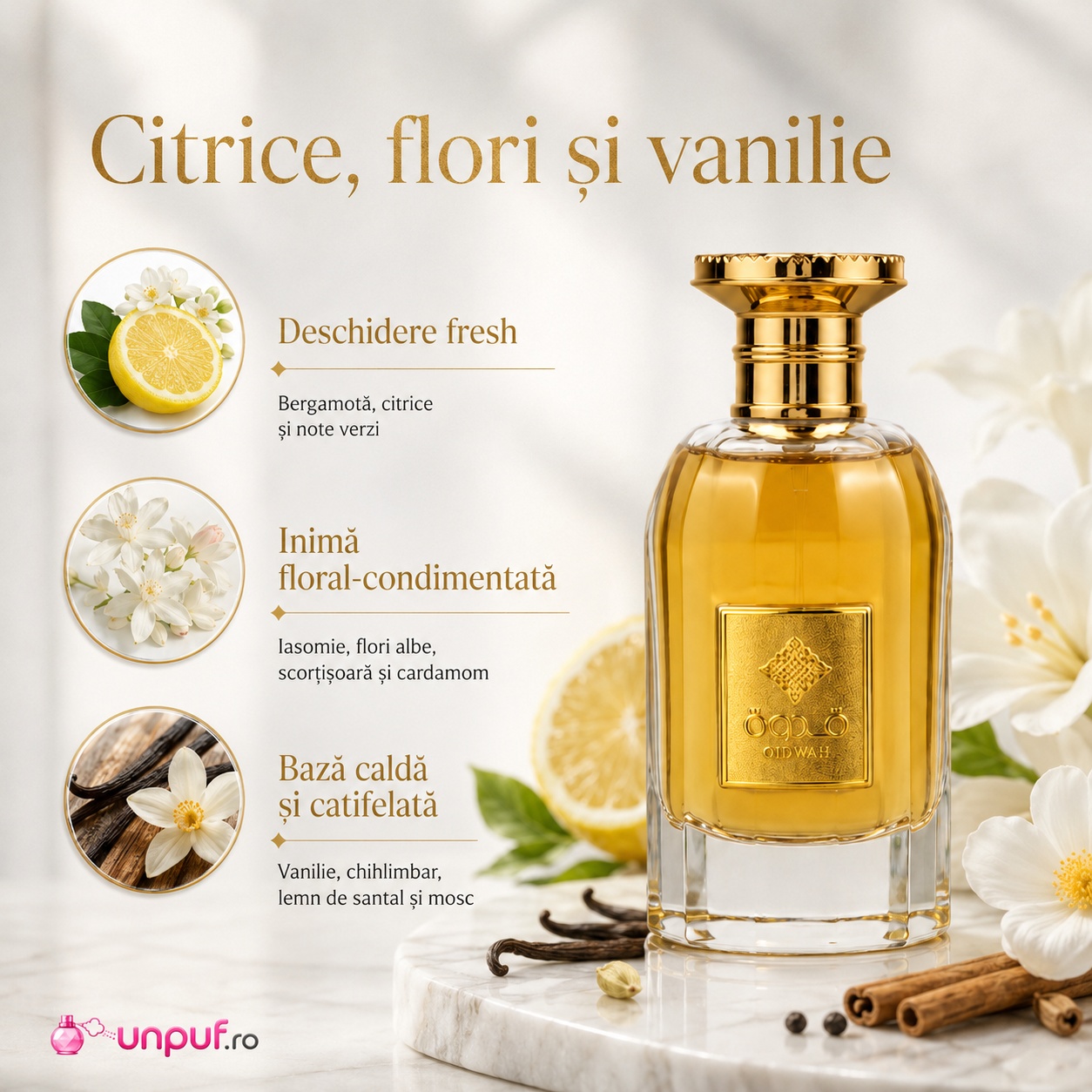 Qidwah Ard Al Zaafaran cu citrice, flori și vanilie, deschidere fresh, inimă floral condimentată și bază caldă