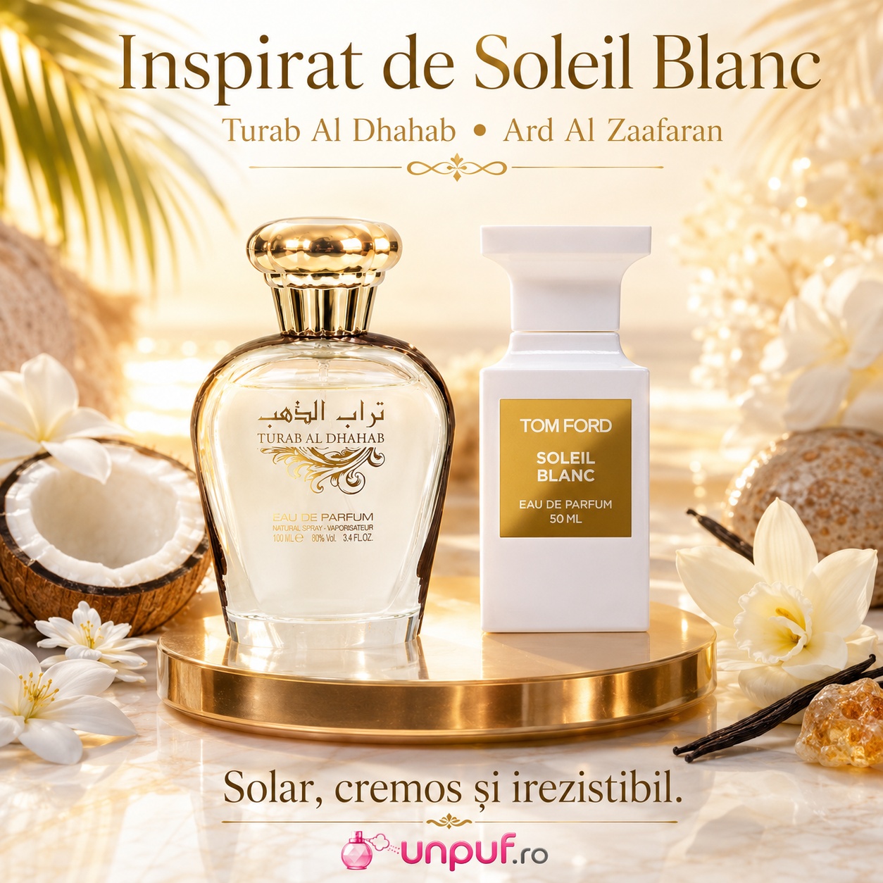 Parfum Ard Al Zaafaran Turab Al Dhahab inspirat de Soleil Blanc, solar, cremos și irezistibil