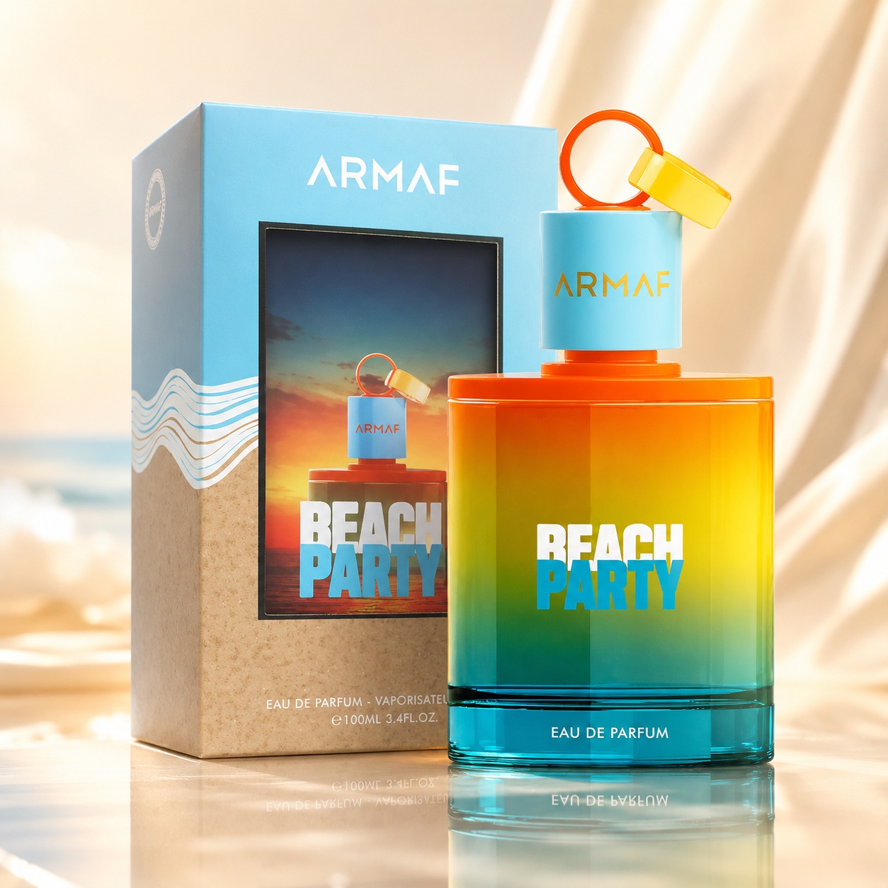 Parfum Arăbesc Armaf Beach Party 100 ml cu flacon portocaliu turcoaz și cutie albastră cu design de vară