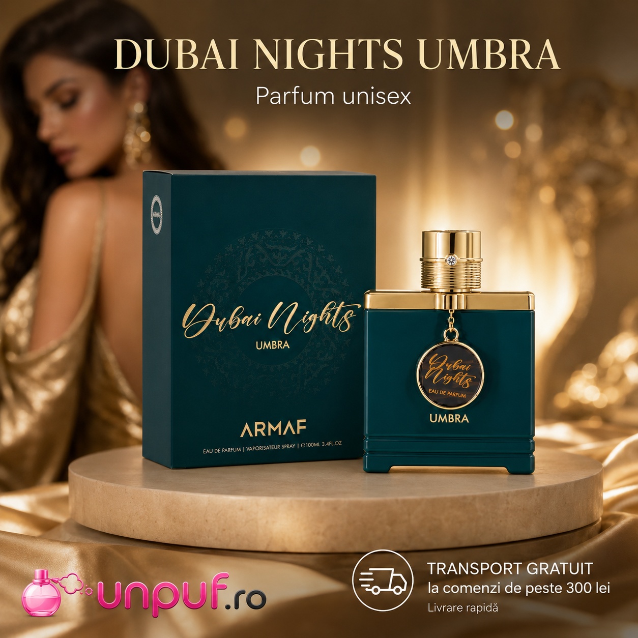 Armaf Dubai Nights Midnight Umbra parfum cu flacon verde smarald, cutie premium și transport gratuit