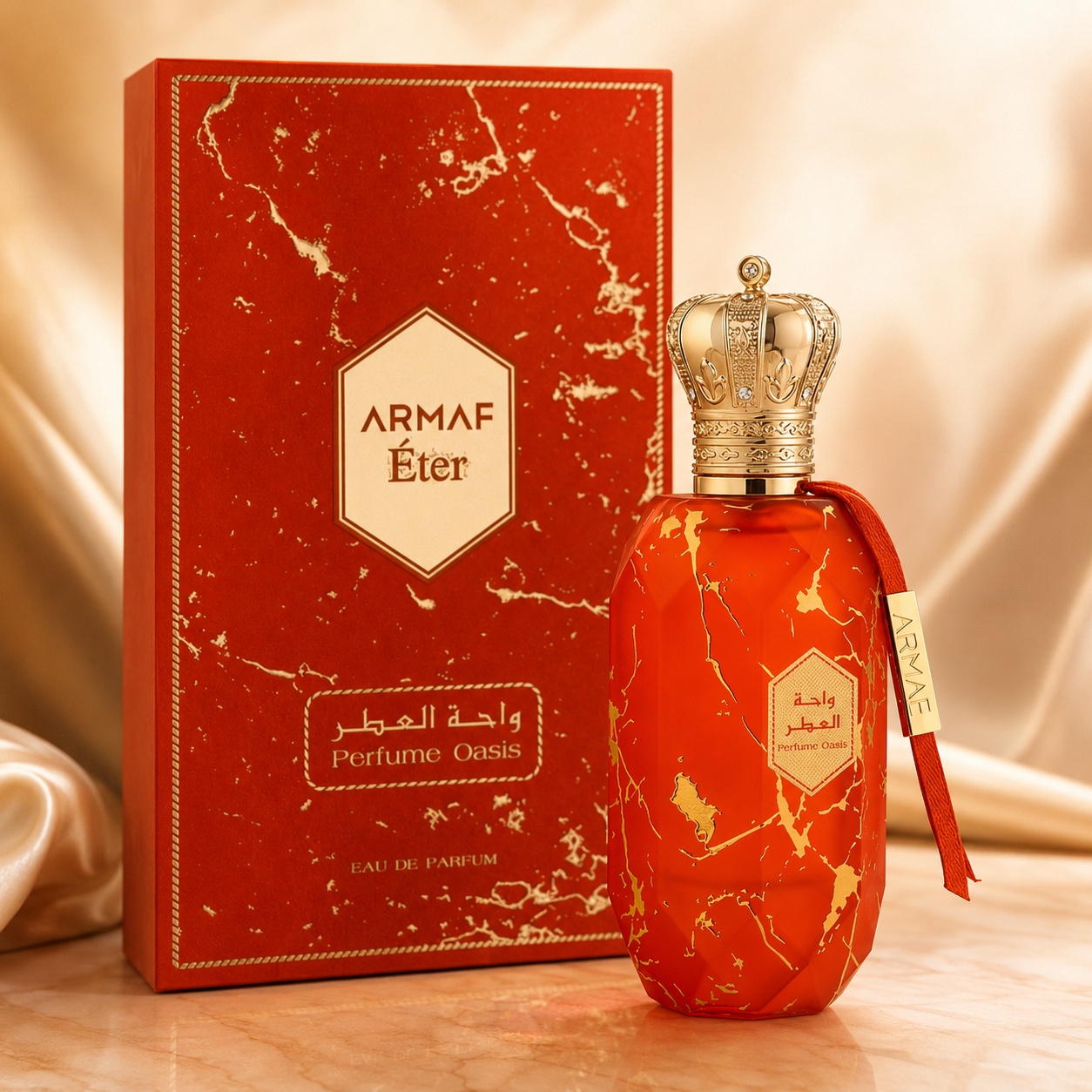 Parfum Arăbesc Armaf Eter Parfum Oasis 100 ml cu flacon portocaliu, capac auriu regal și cutie premium roșu-portocalie