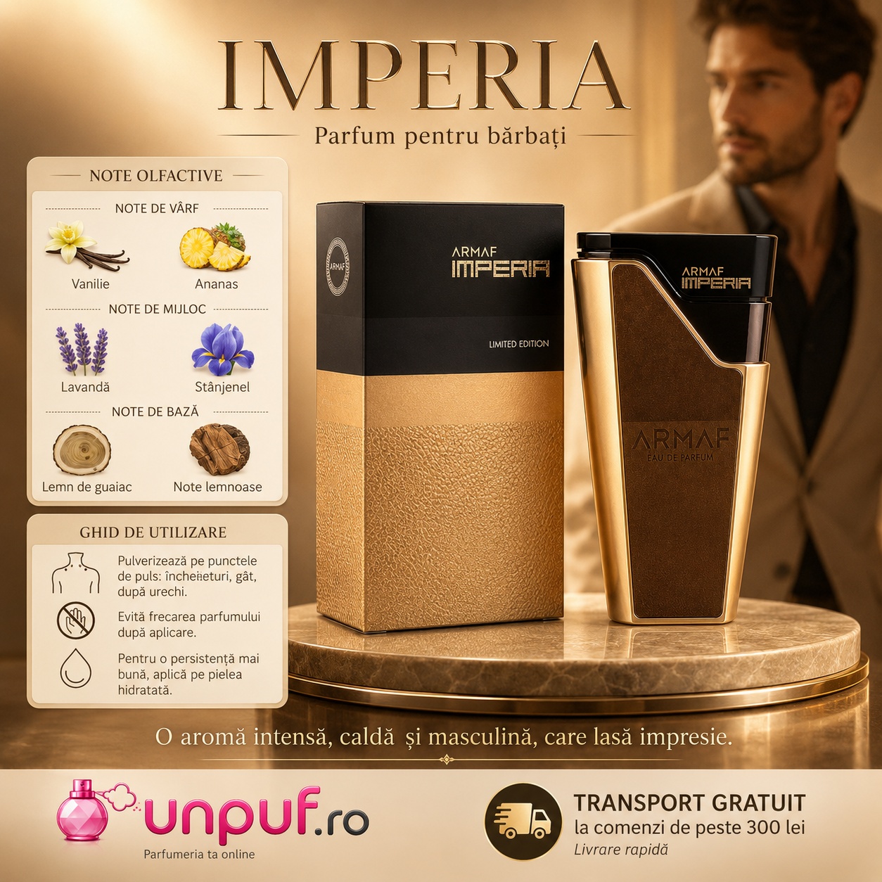 Armaf Imperia parfum pentru bărbați cu note de vanilie, ananas, lavandă, st&acirc;njenel, lemn de guaiac și note lemnoase