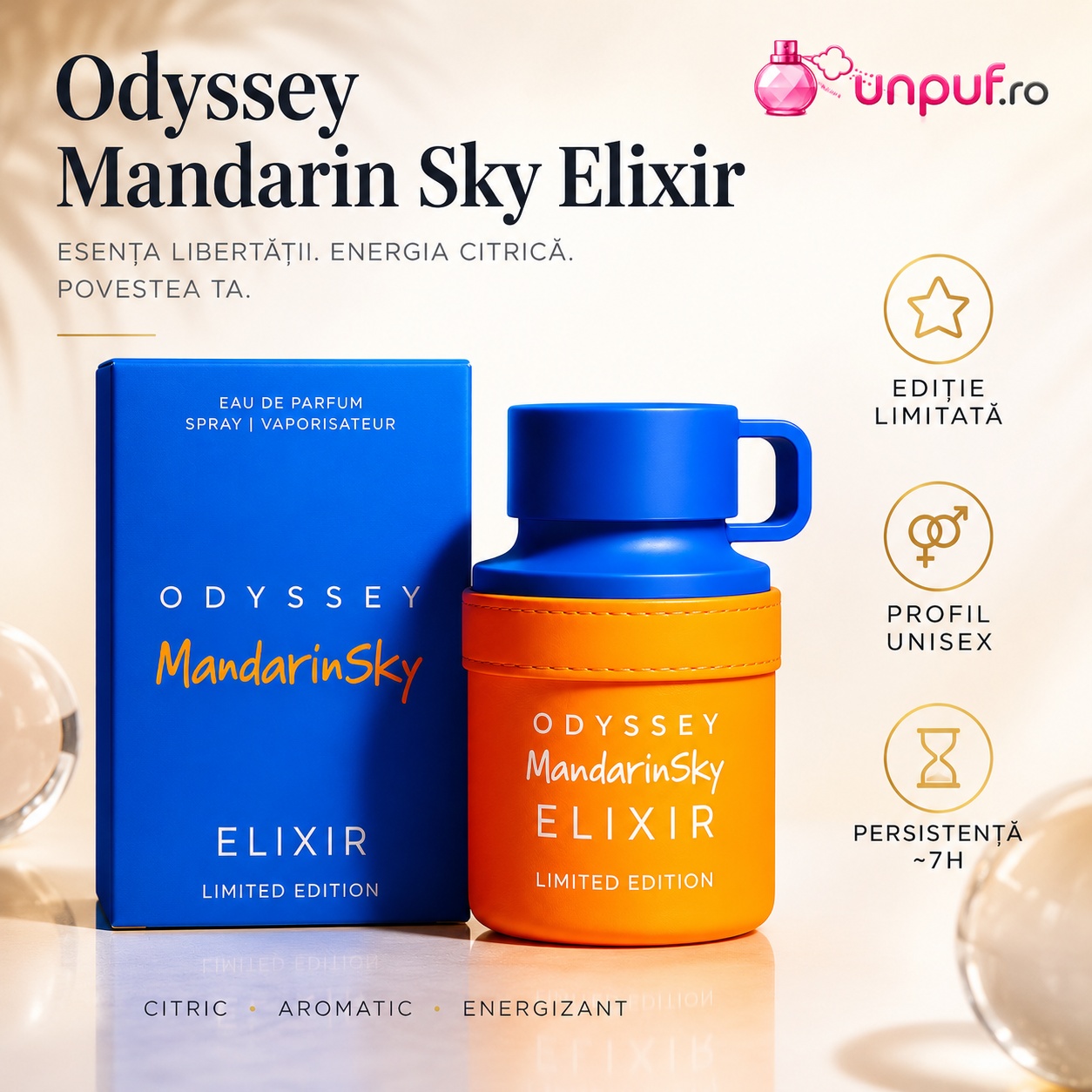Odyssey Mandarin Sky Elixir ediție limitată profil citric aromatic energizant și persistență aproximativ șapte ore