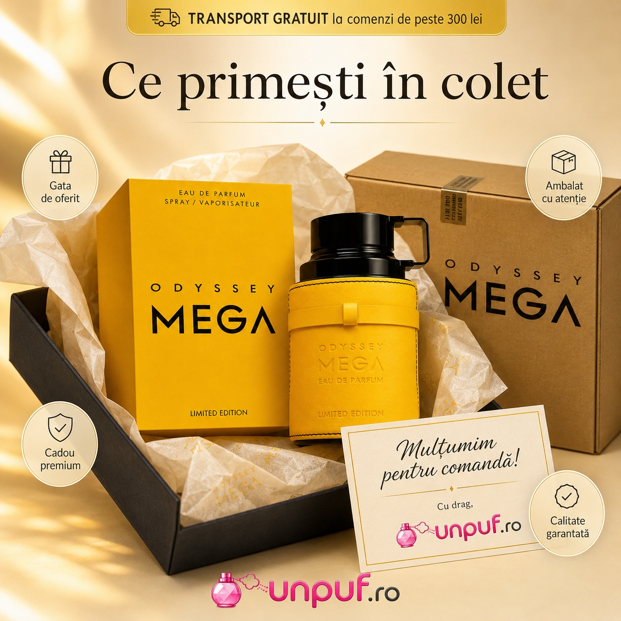 Ce primești &icirc;n colet Armaf Odyssey Mega Man 100 ml parfum original, cutie premium și ambalare atentă