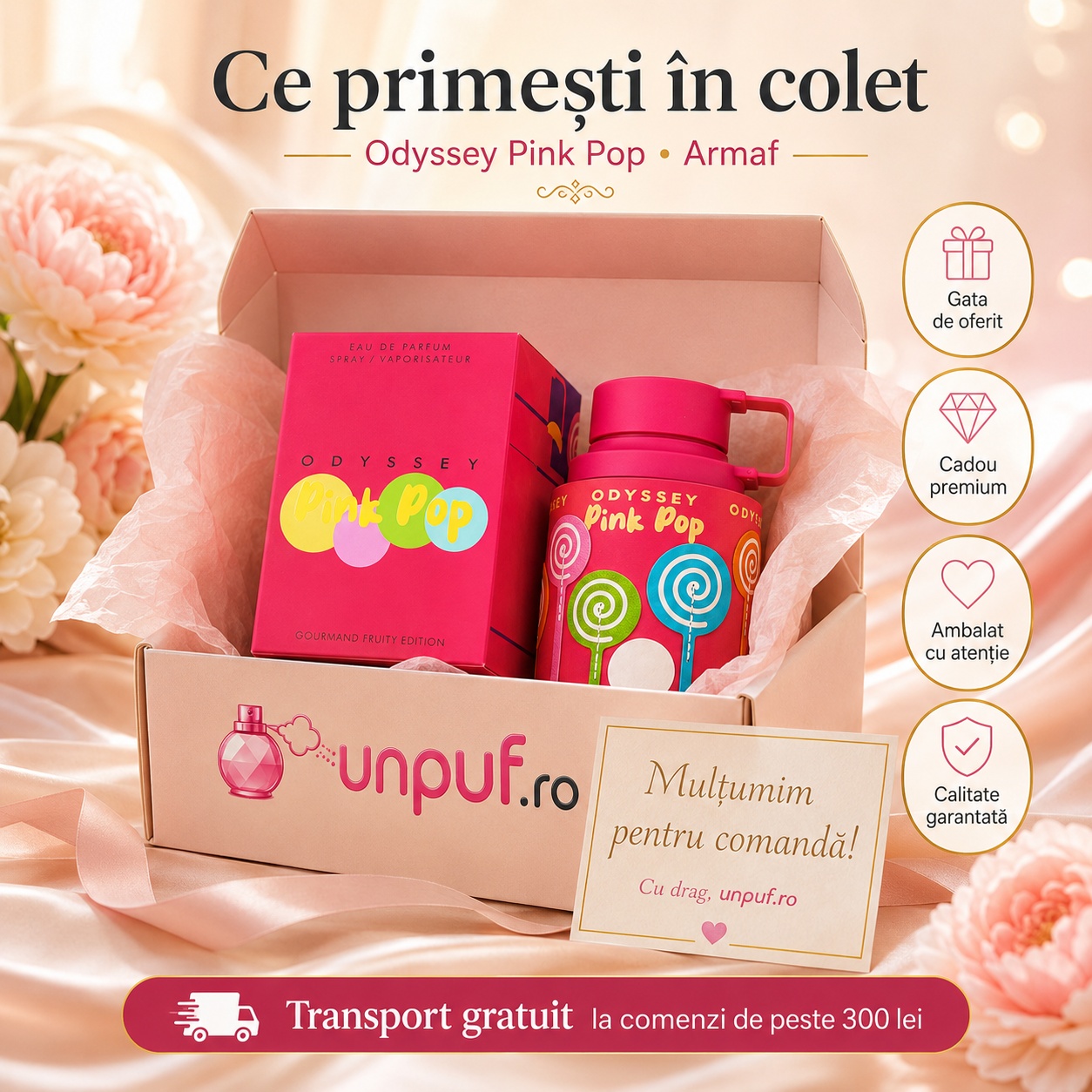 Ce primești &icirc;n colet Armaf Odyssey Pink Pop 100 ml parfum original, cutie premium și ambalare atentă
