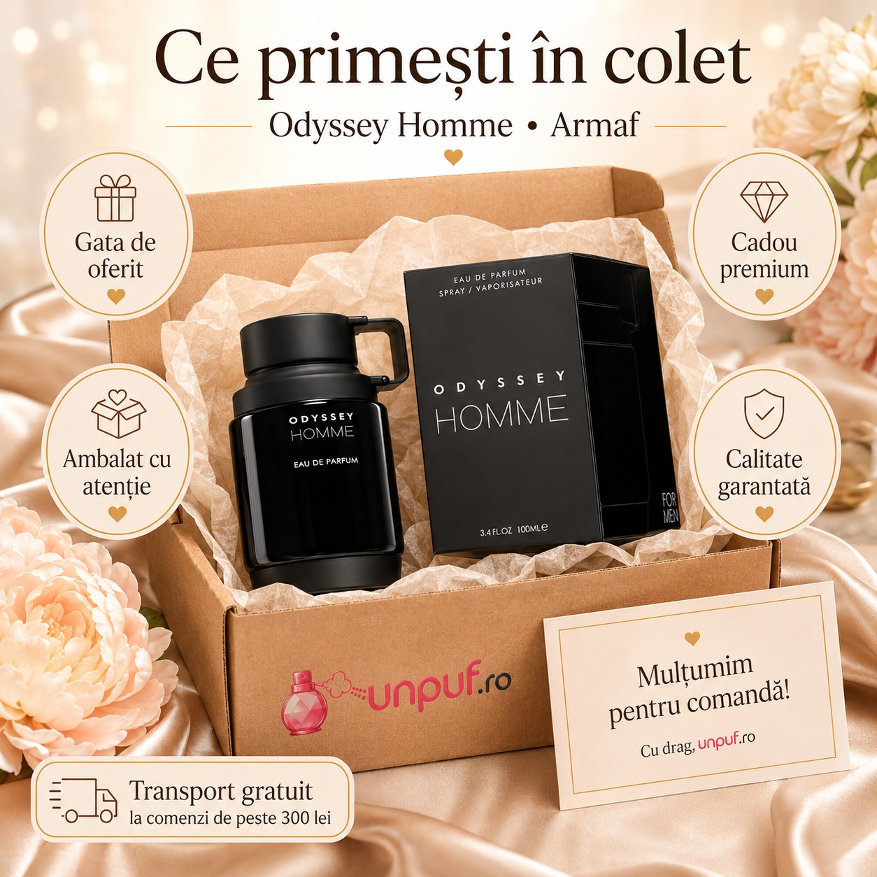 Ce primești &icirc;n colet Armaf Odyssey Pour Homme 100 ml parfum original, cutie premium și ambalare atentă