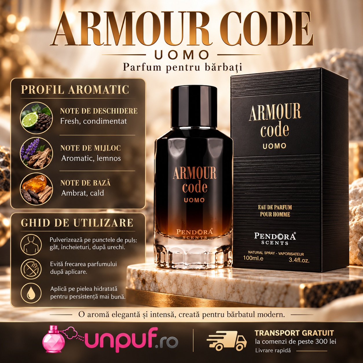 Acorduri olfactive Armour Code Uomo cu cardamom mandarină verde măr verde lavandă tonka ambră și pielărie