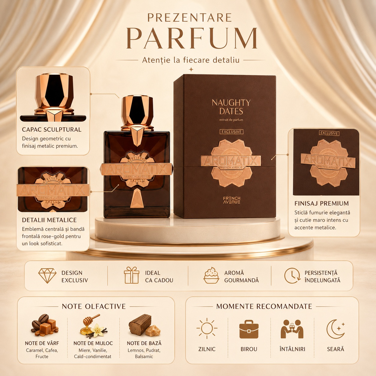 Prezentare parfum Aromatix Naughty Dates cu capac sculptural, detalii metalice, finisaj premium, note olfactive și momente recomandate