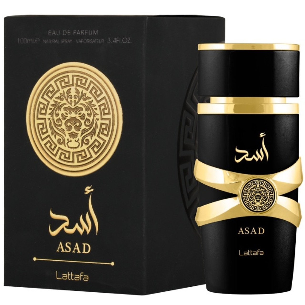 Cutie originală Asad Lattafa 100 ml și flacon parfum arabesc bărbătesc