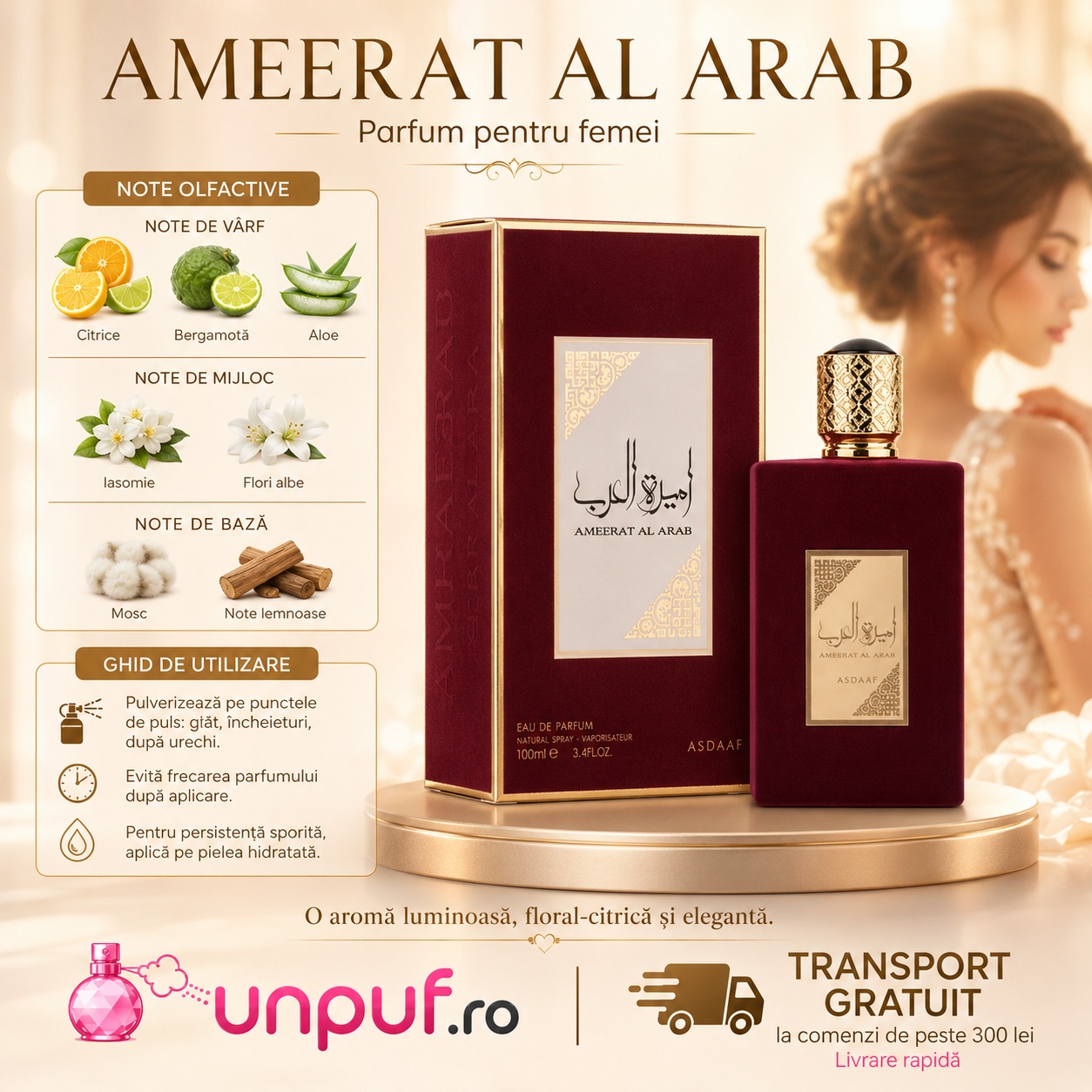 Asdaaf Ameerat Al Arab parfum de damă cu note florale, citrice, iasomie, flori albe, mosc și note lemnoase