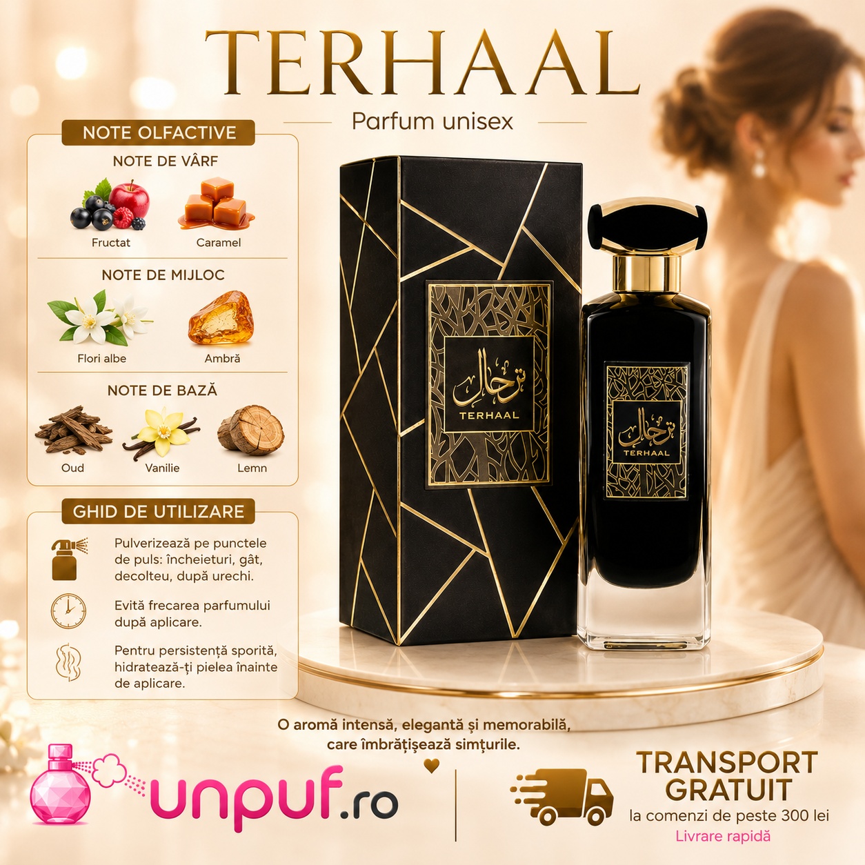 Profil olfactiv Asdaaf Terhaal cu note fructate, caramel, flori albe, ambră, oud, vanilie și lemn