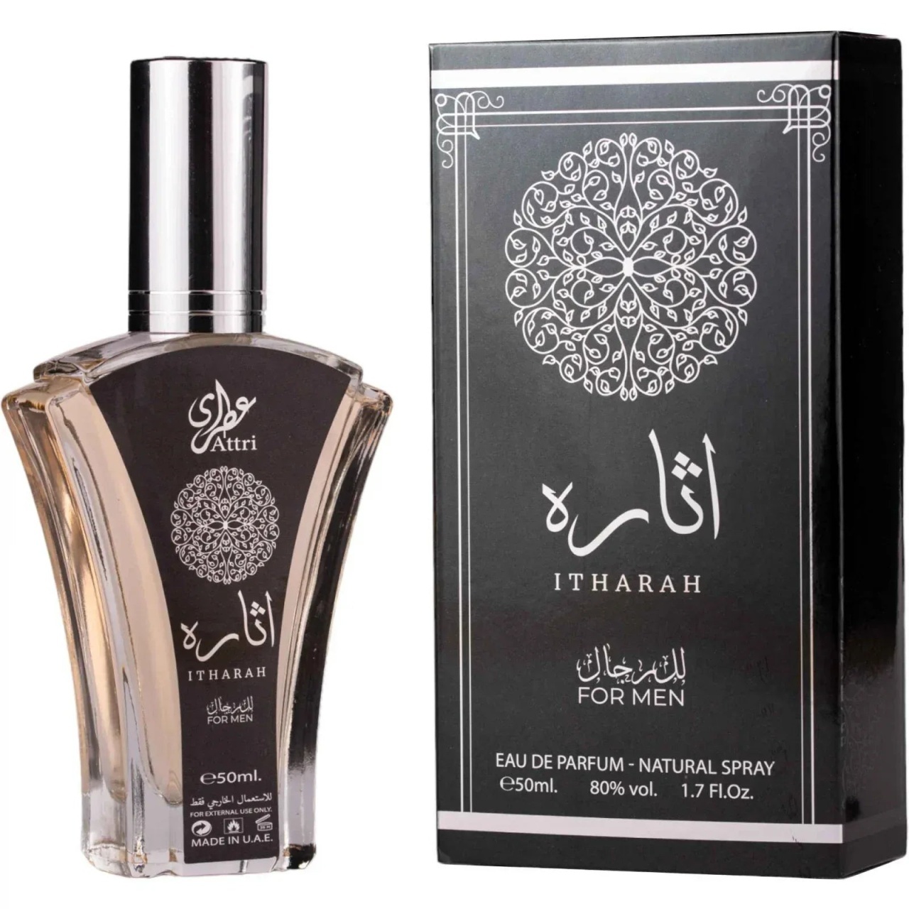 Parfum Attri Itharah For Man 50 ml pe fundal alb cu flacon original și cutie neagră