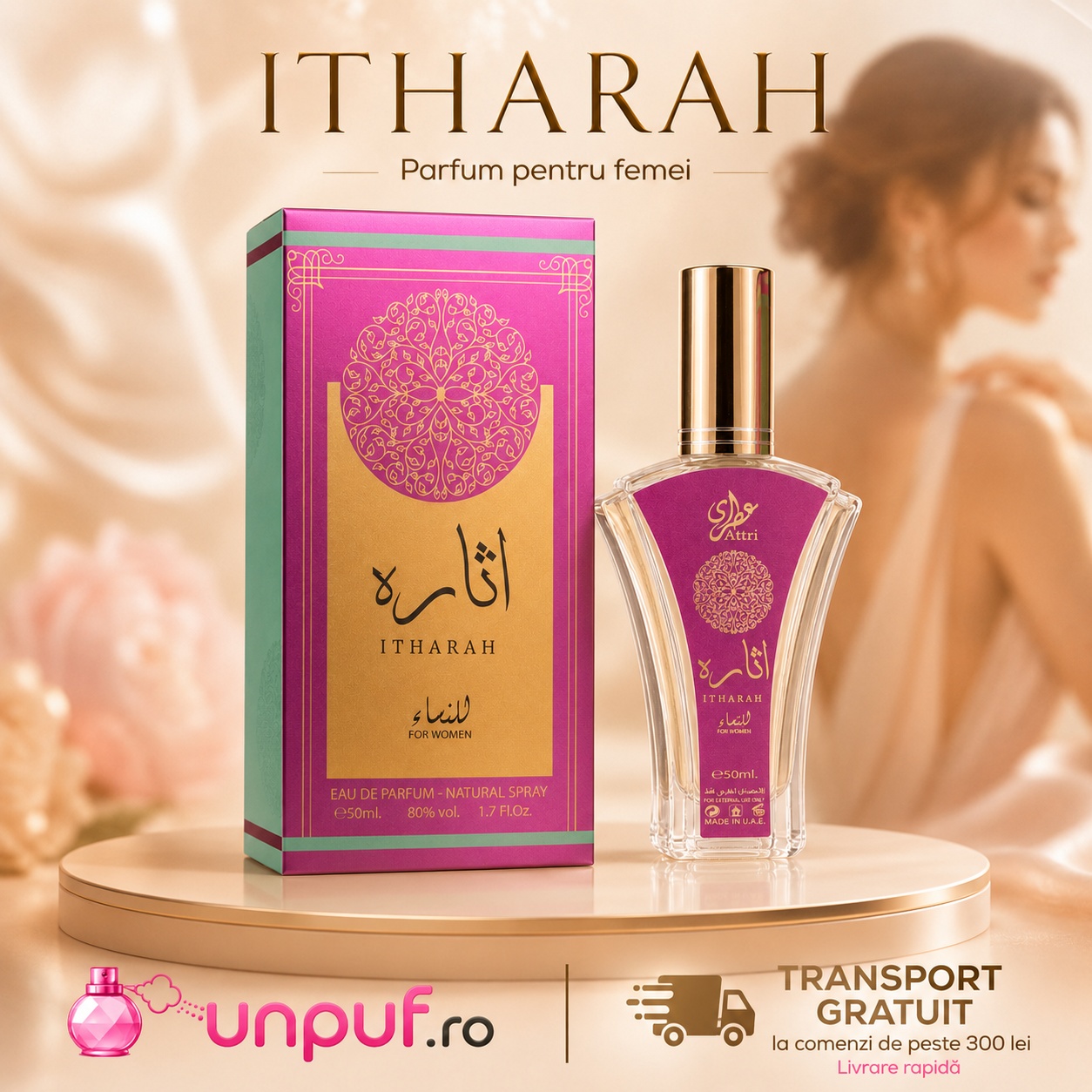 Flacon Attri Itharah Women 50 ml cu capac auriu, etichetă roz și cutie premium