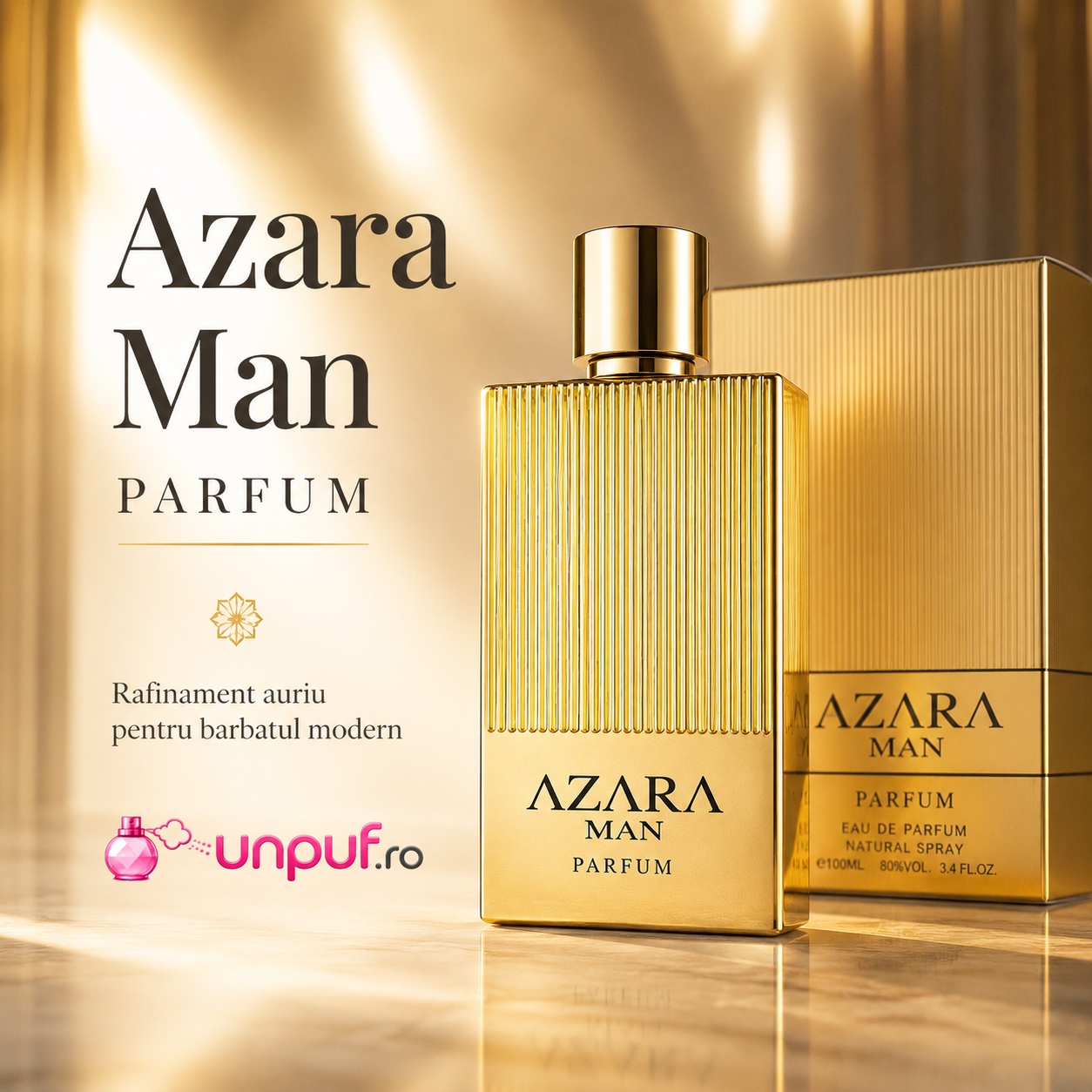 Azara Man Parfum rafinament auriu pentru bărbatul modern, flacon și cutie premium Fragrance World