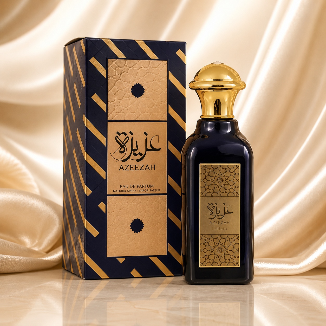 Parfum Arăbesc Azeezah Lattafa 100 ml cu sticlă bleumarin elegantă, capac auriu și cutie premium