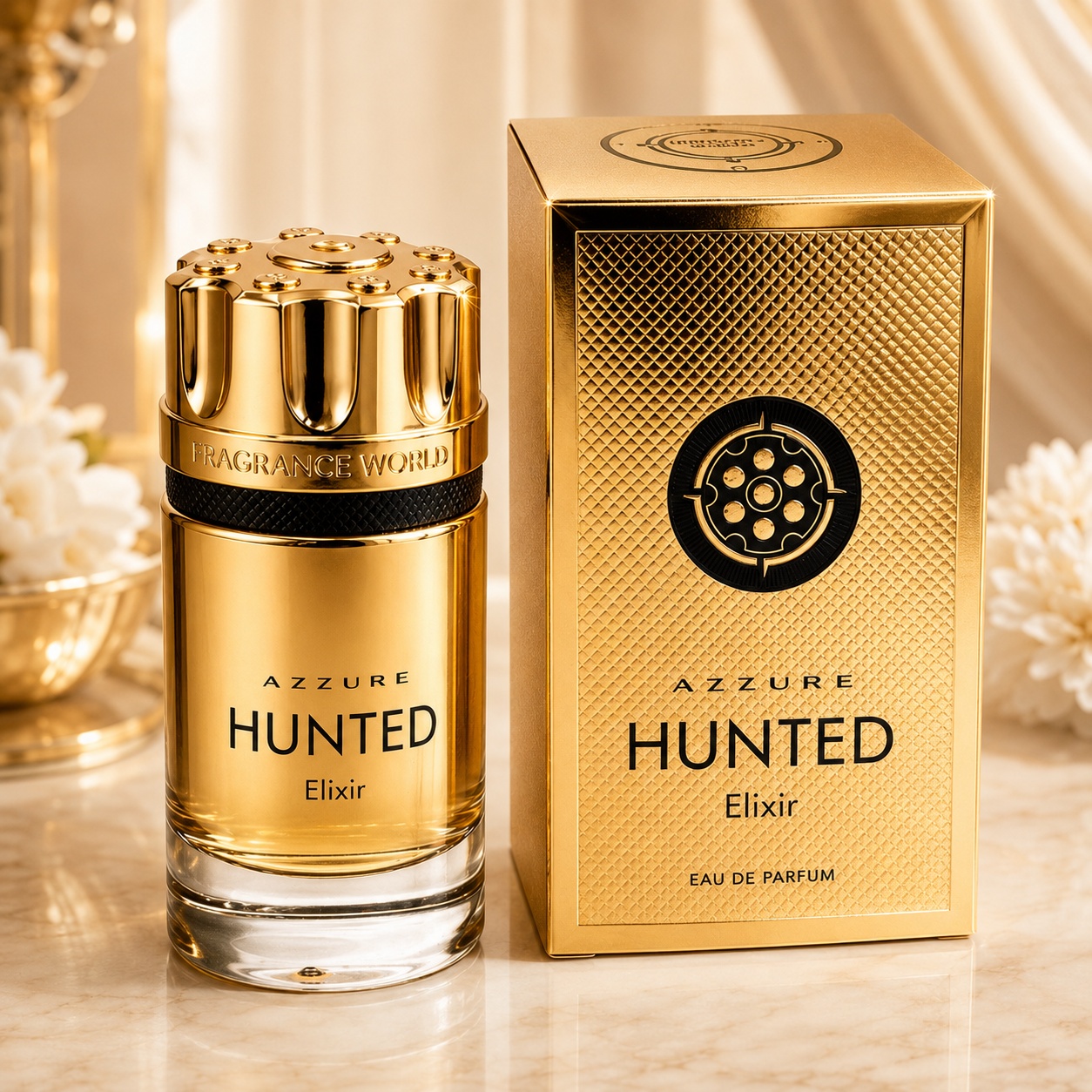 Parfum Arăbesc Azzure Hunted Elixir 100 ml cu flacon auriu și cutie premium aurie