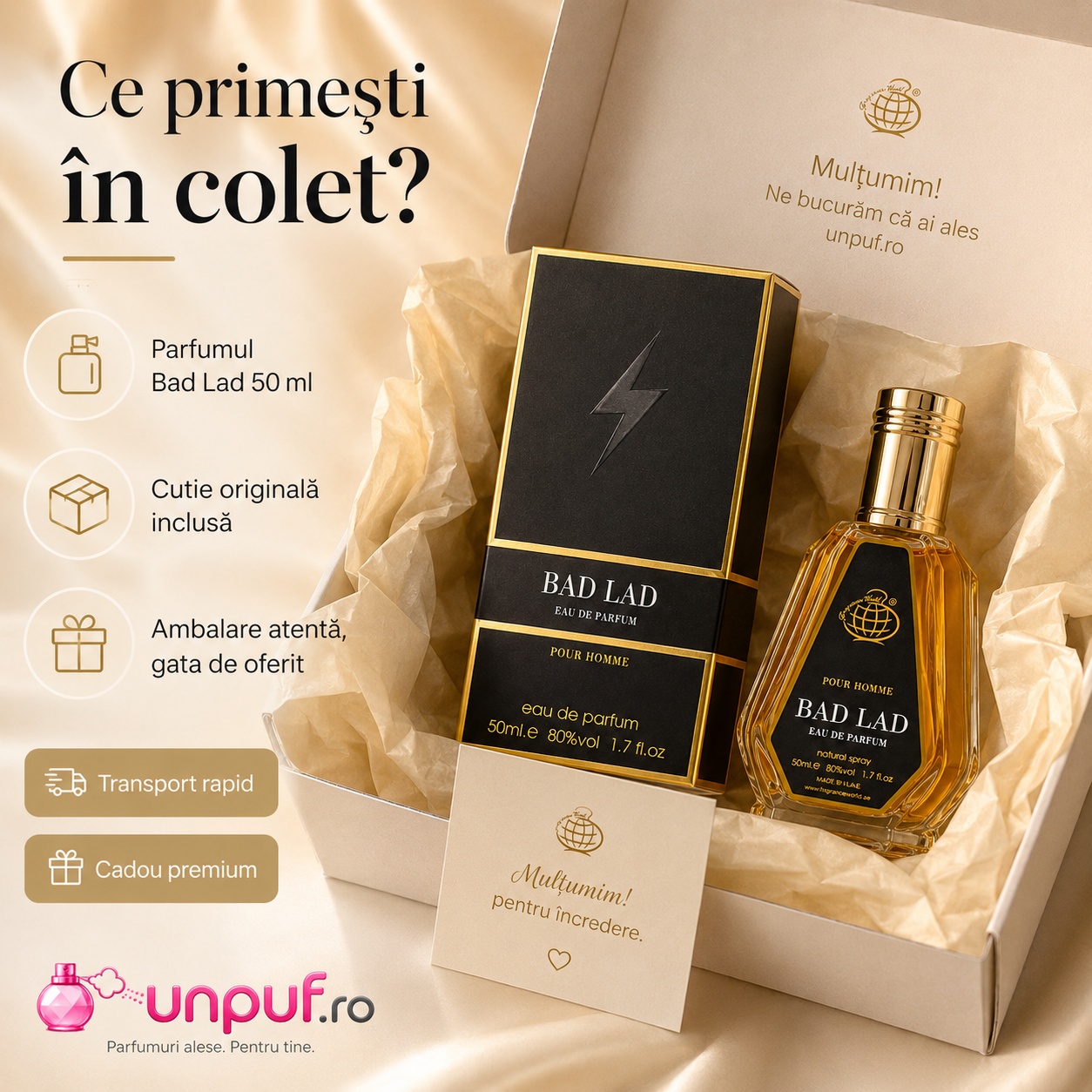 Ce primești &icirc;n colet Bad Lad Eau de Parfum 50 ml parfum original cutie originală și ambalare atentă
