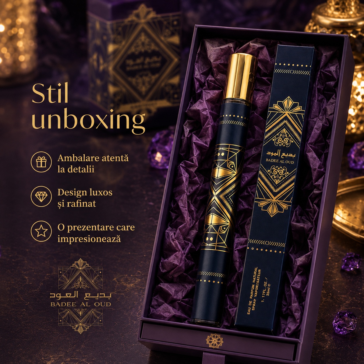 Stil unboxing Badee Al Oud 35 ml ambalare atentă la detalii design luxos și rafinat