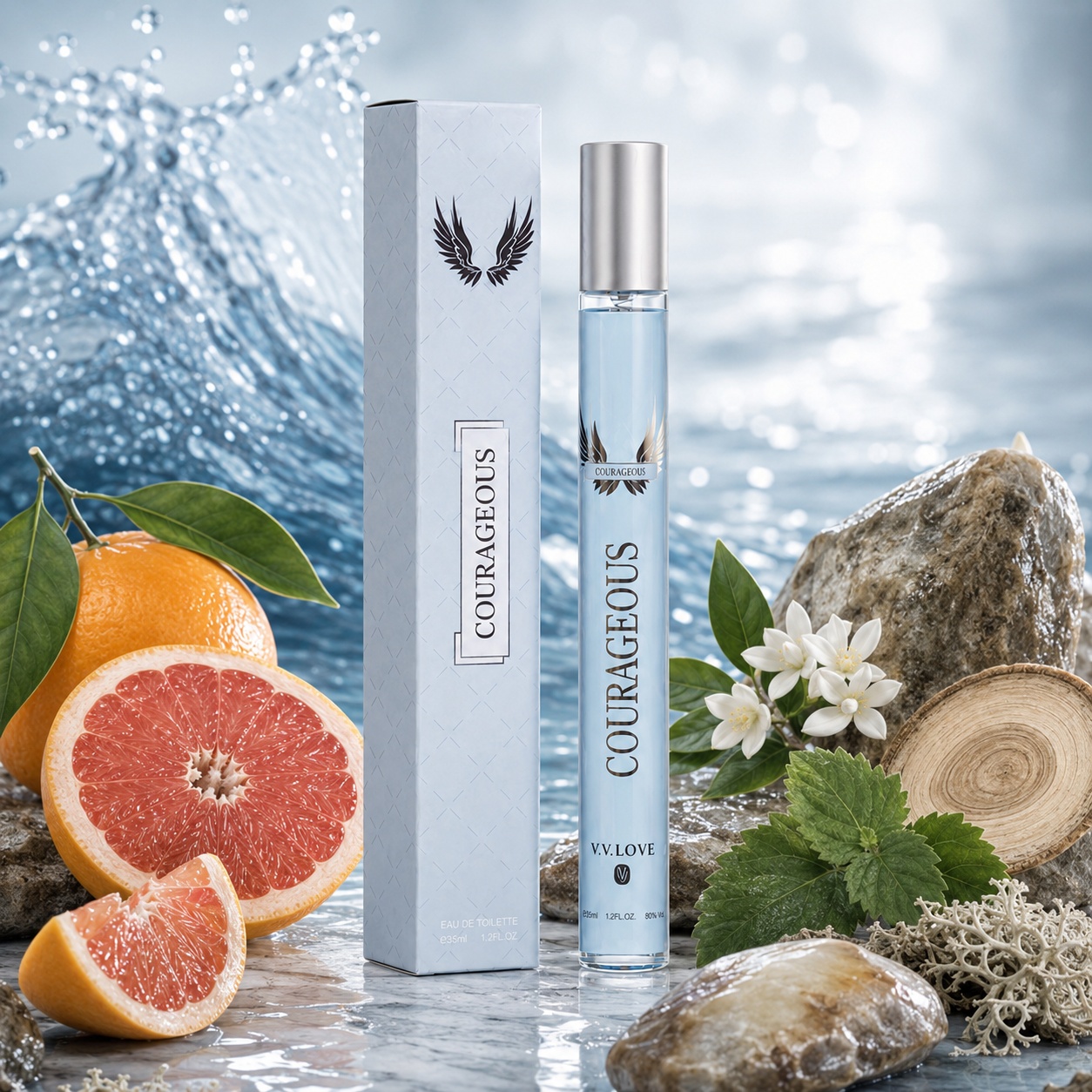 Note olfactive parfum Courageous grapefruit mandarină acord marin iasomie lemn de guaiac patchouli mușchi de stejar ambergris