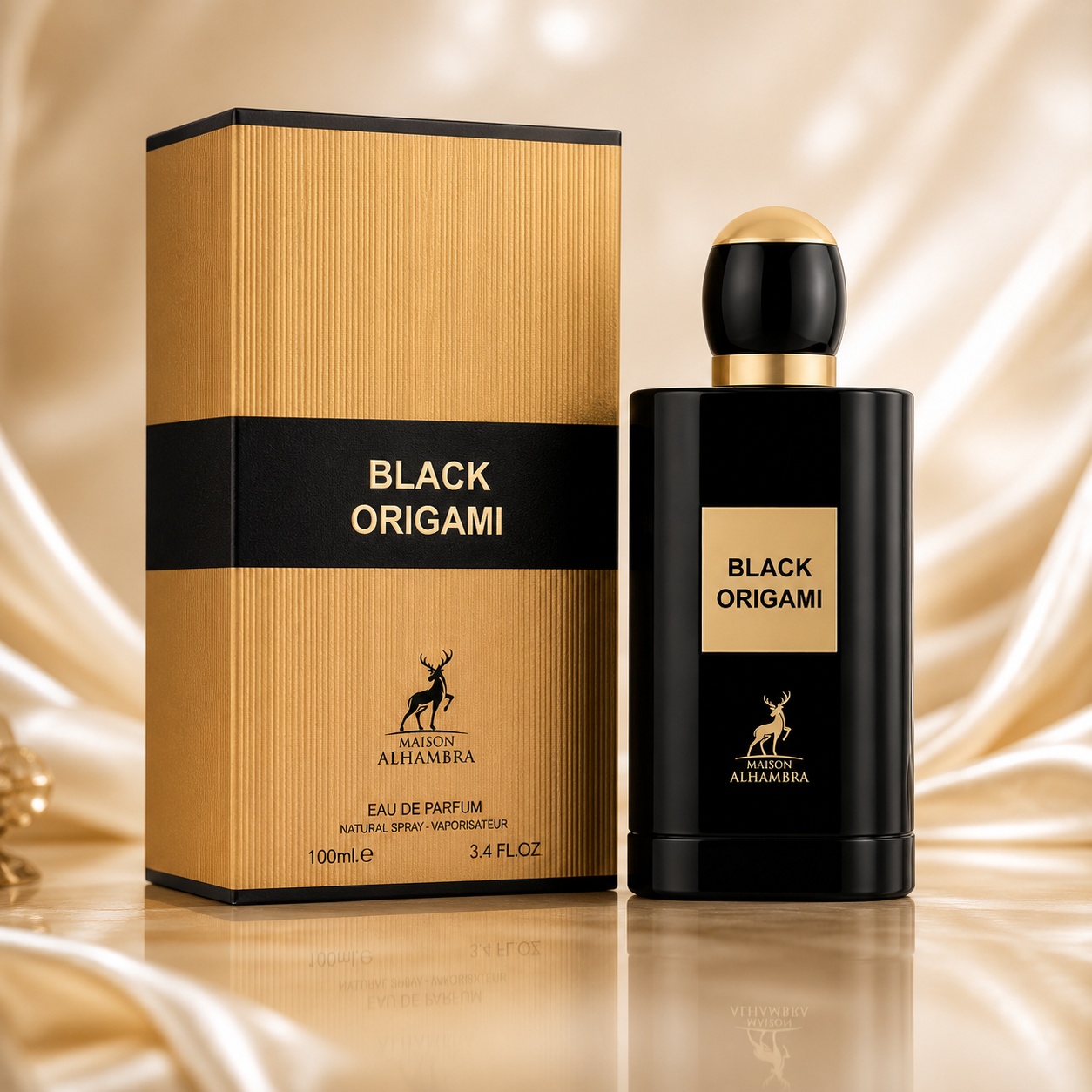 Parfum Arăbesc Black Origami Maison Alhambra 100 ml cu sticlă neagră lucioasă și cutie aurie premium