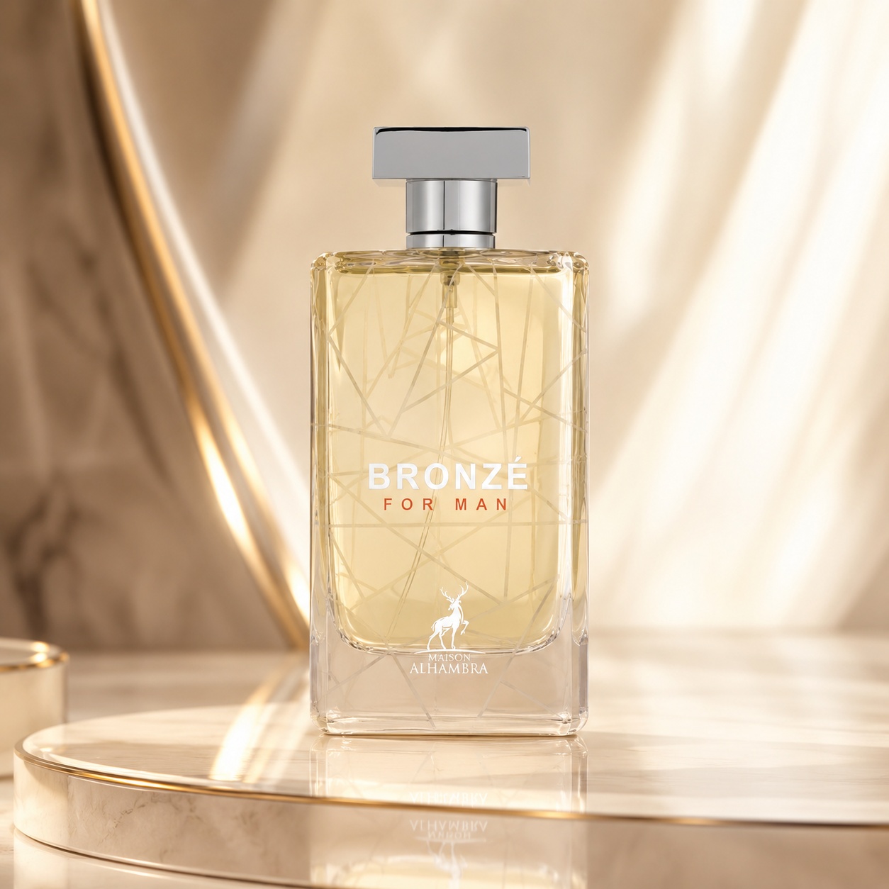 Sticlă parfum Bronze For Men Maison Alhambra 100 ml pe fundal satinat crem auriu