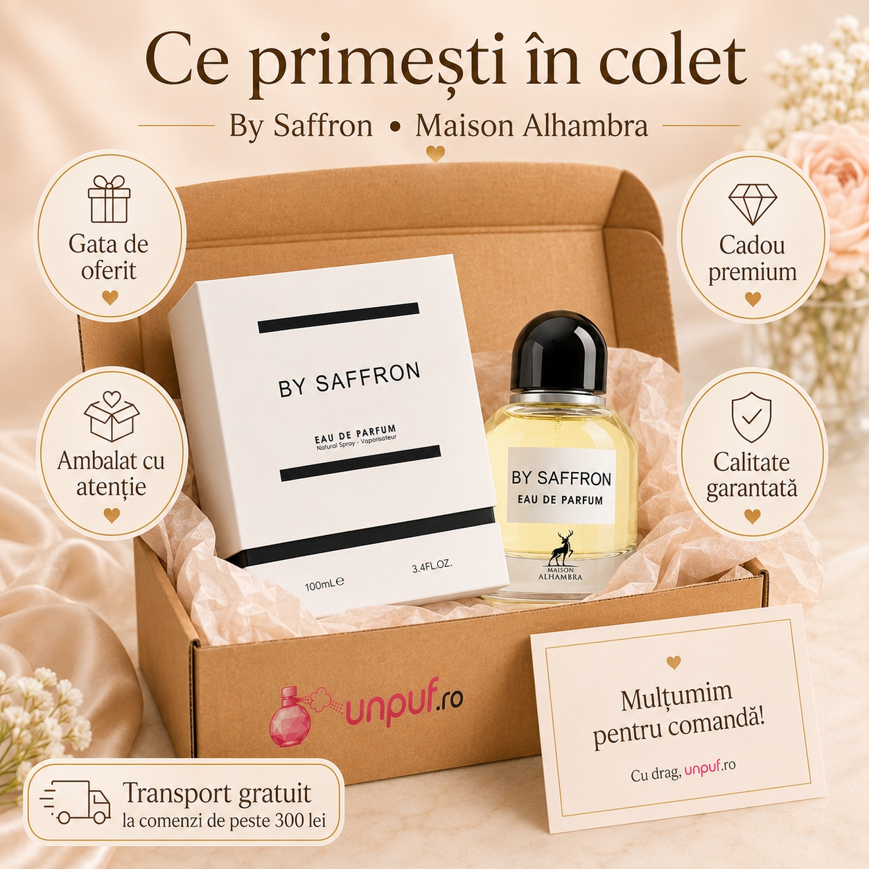 Ce primești în colet By Saffron Maison Alhambra 100 ml, parfum original, ambalat cu atenție și cadou premium