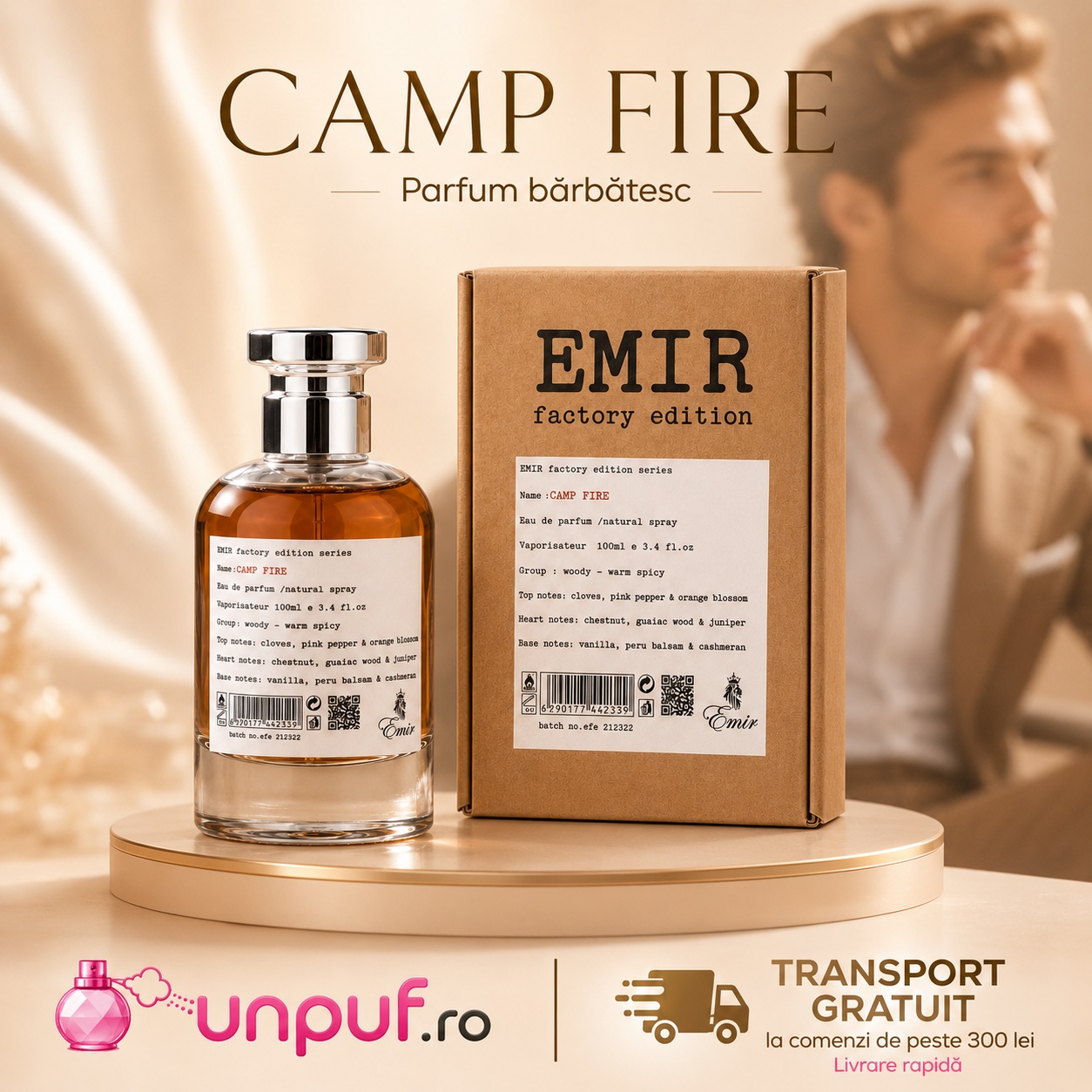 Camp Fire Emir parfum unisex cald, lemnos, rafinat și potrivit pentru cadou